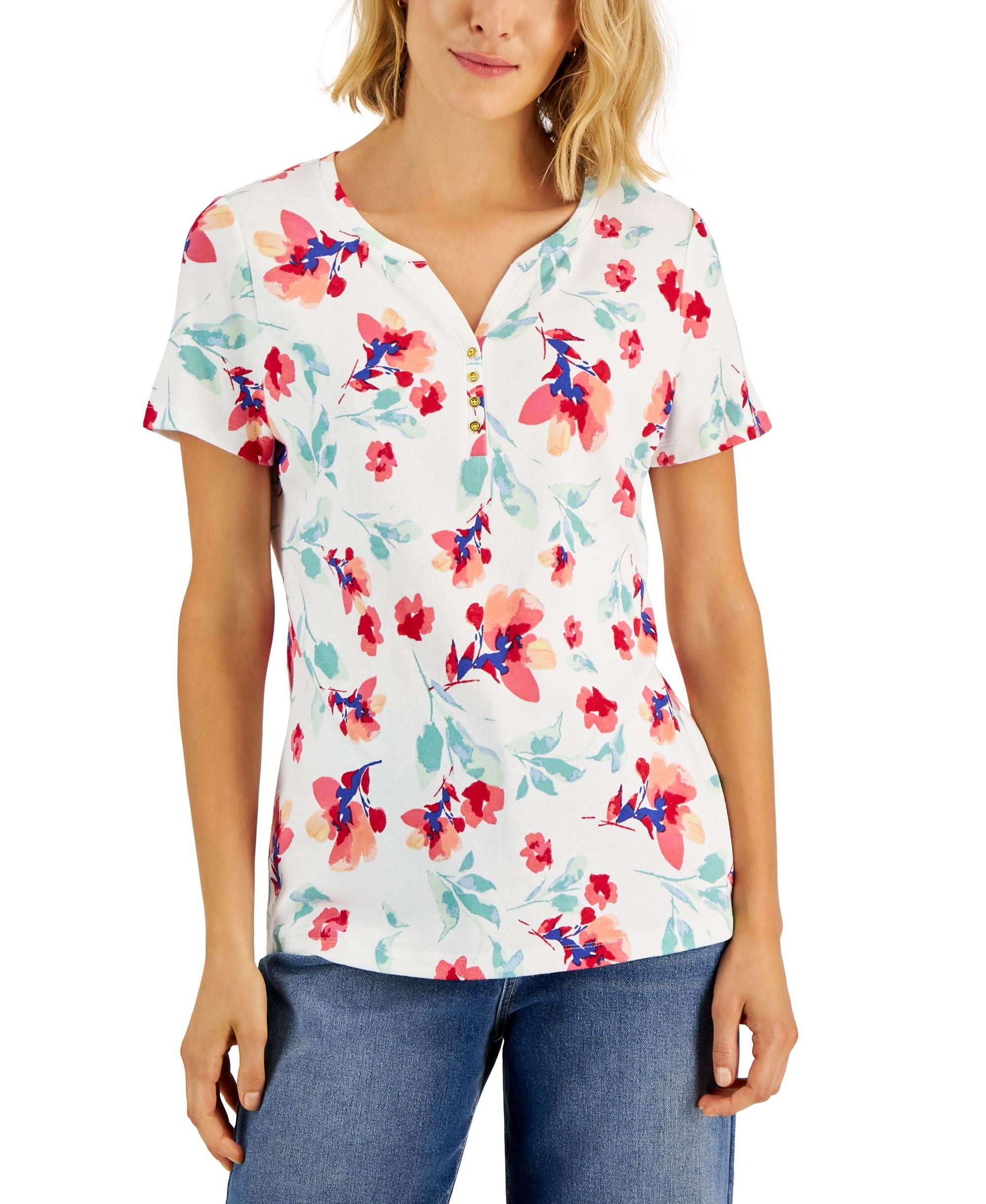 Karen Scott Womens Floral Print Relaxed Henley Top