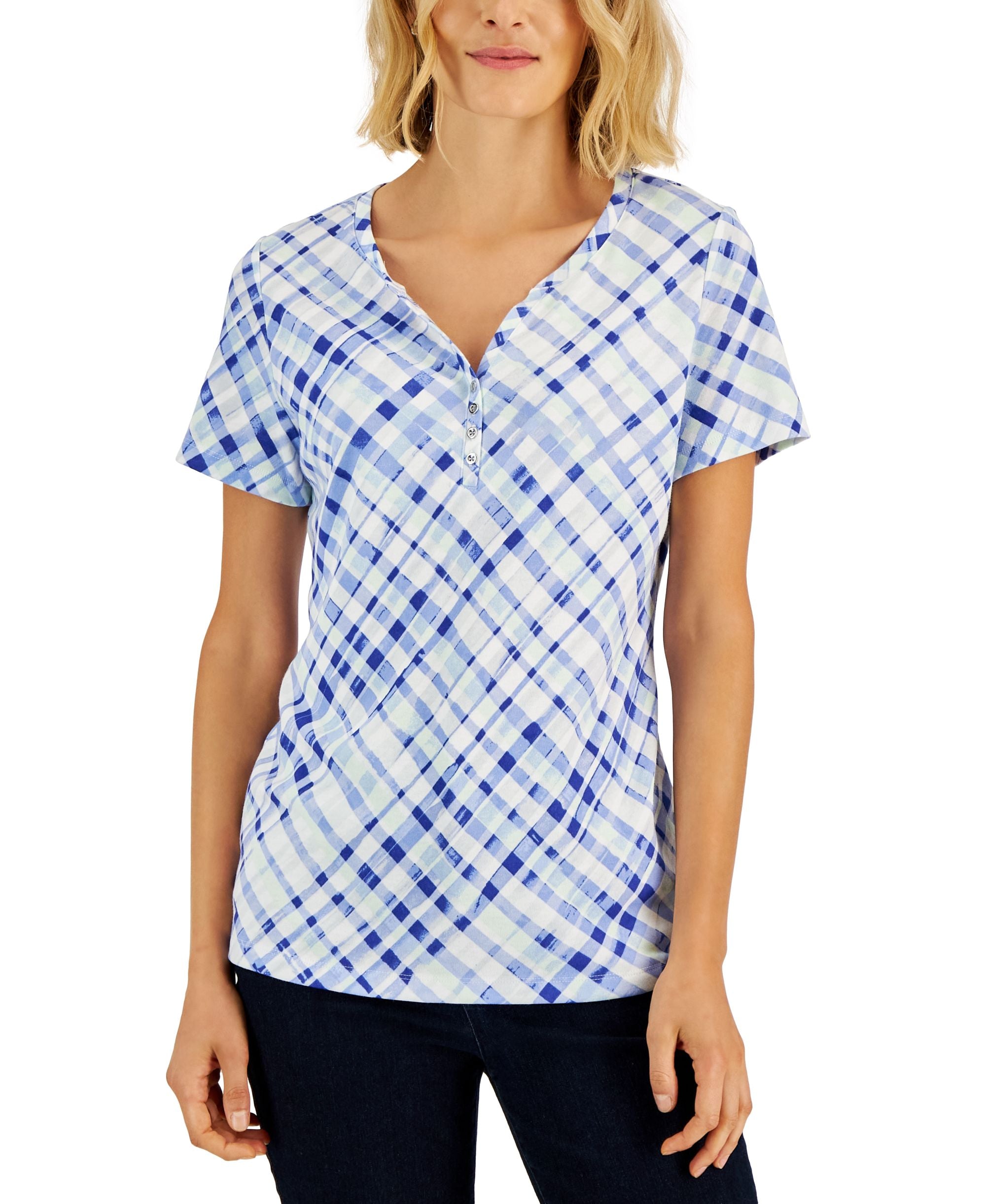 Women's Plaid Relaxed Henley Knit Top