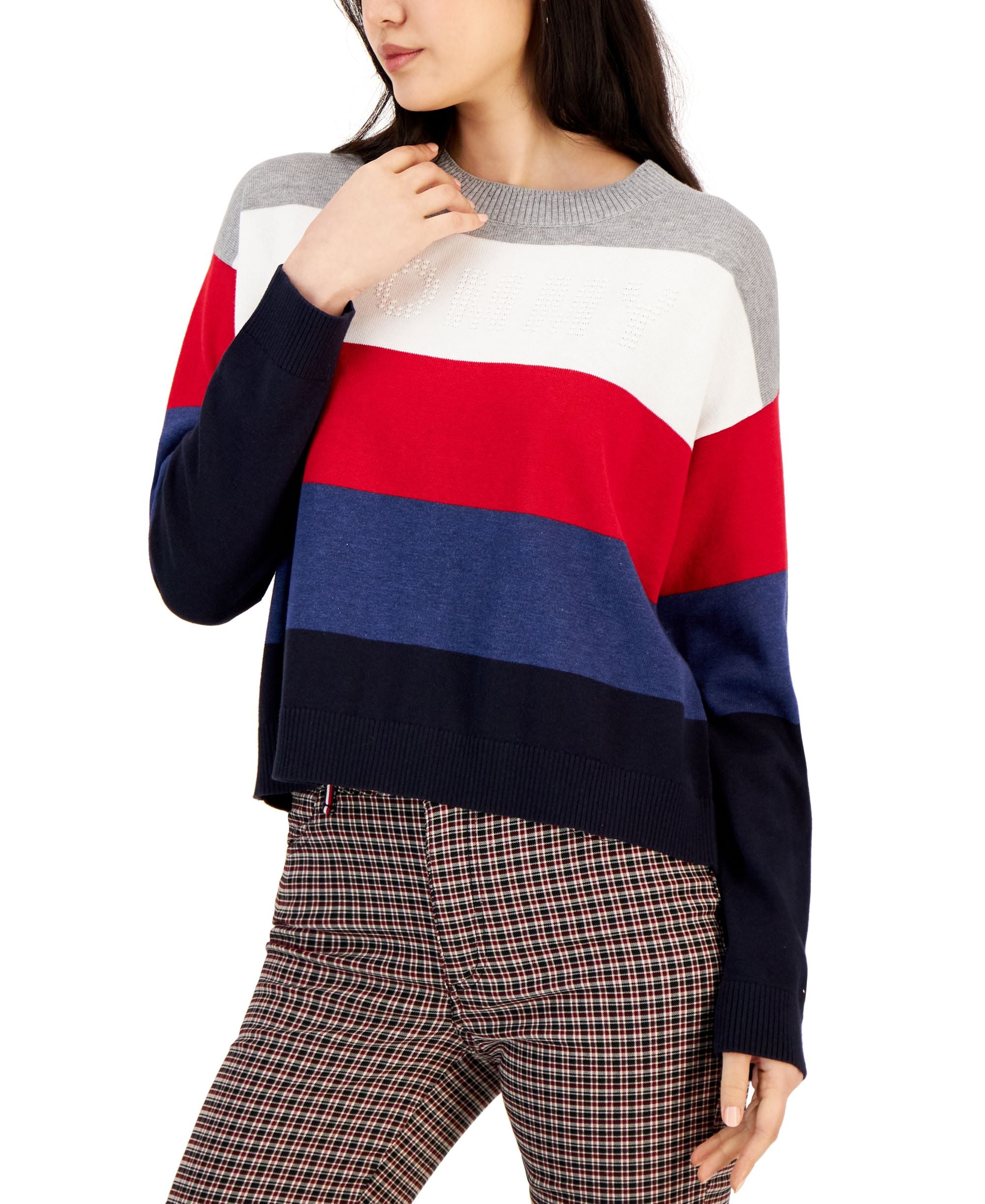 Tommy Hilfiger Womens Multi Stripe Logo Bubble Sweater