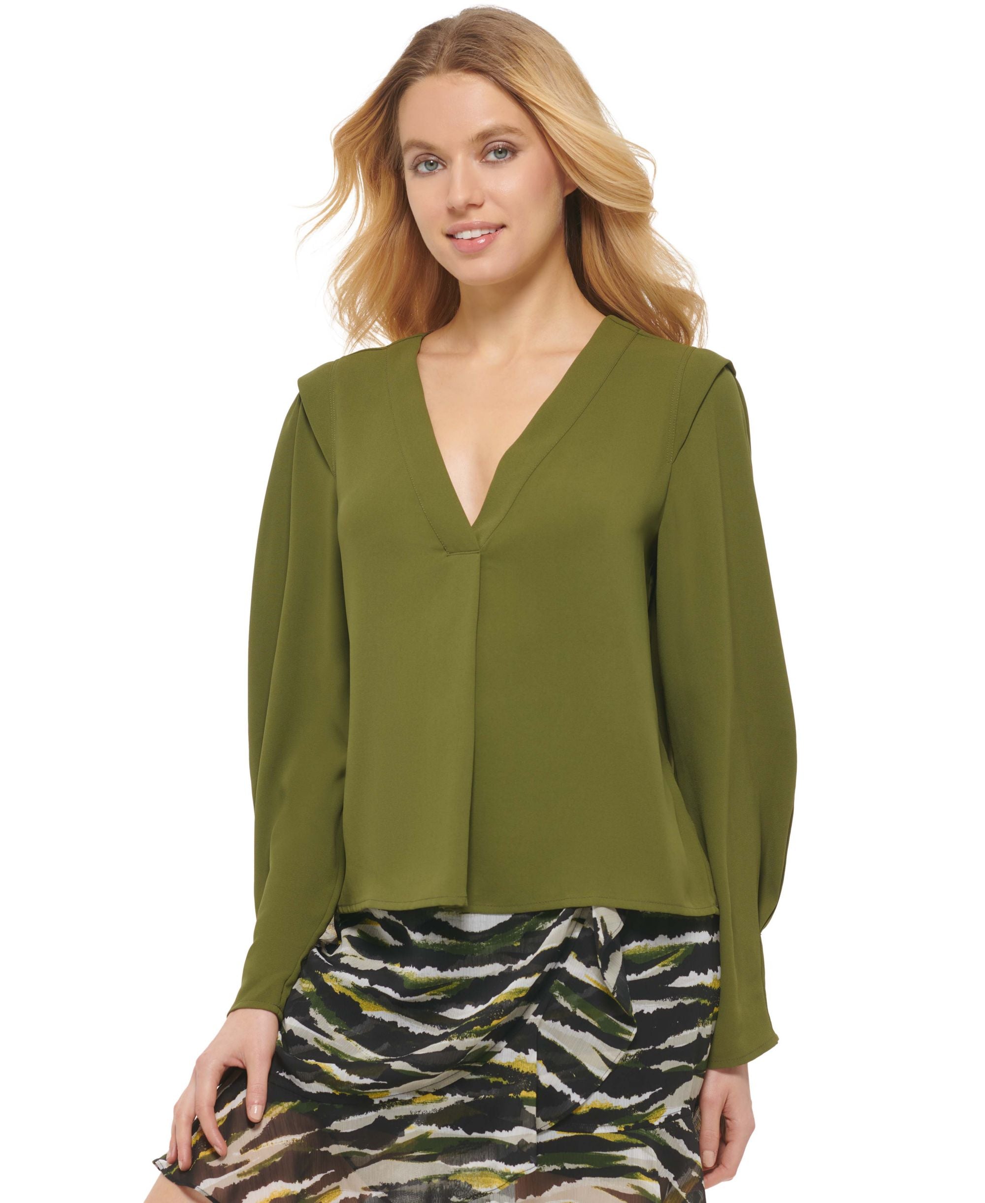 DKNY Womens V Neck Balloon Sleeve Top