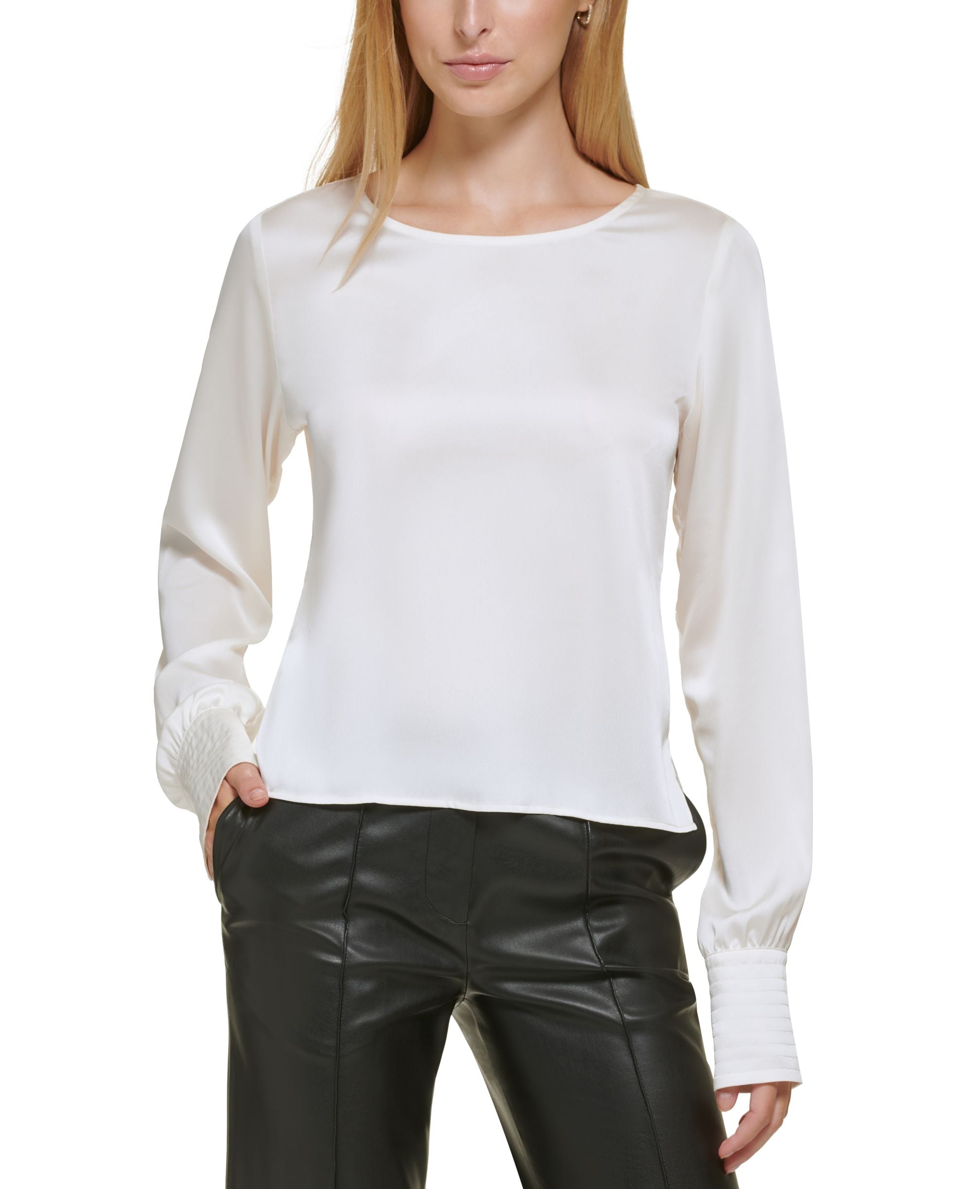 Donna Karan Womens Trapunto Crewneck Extended-Cuff Top