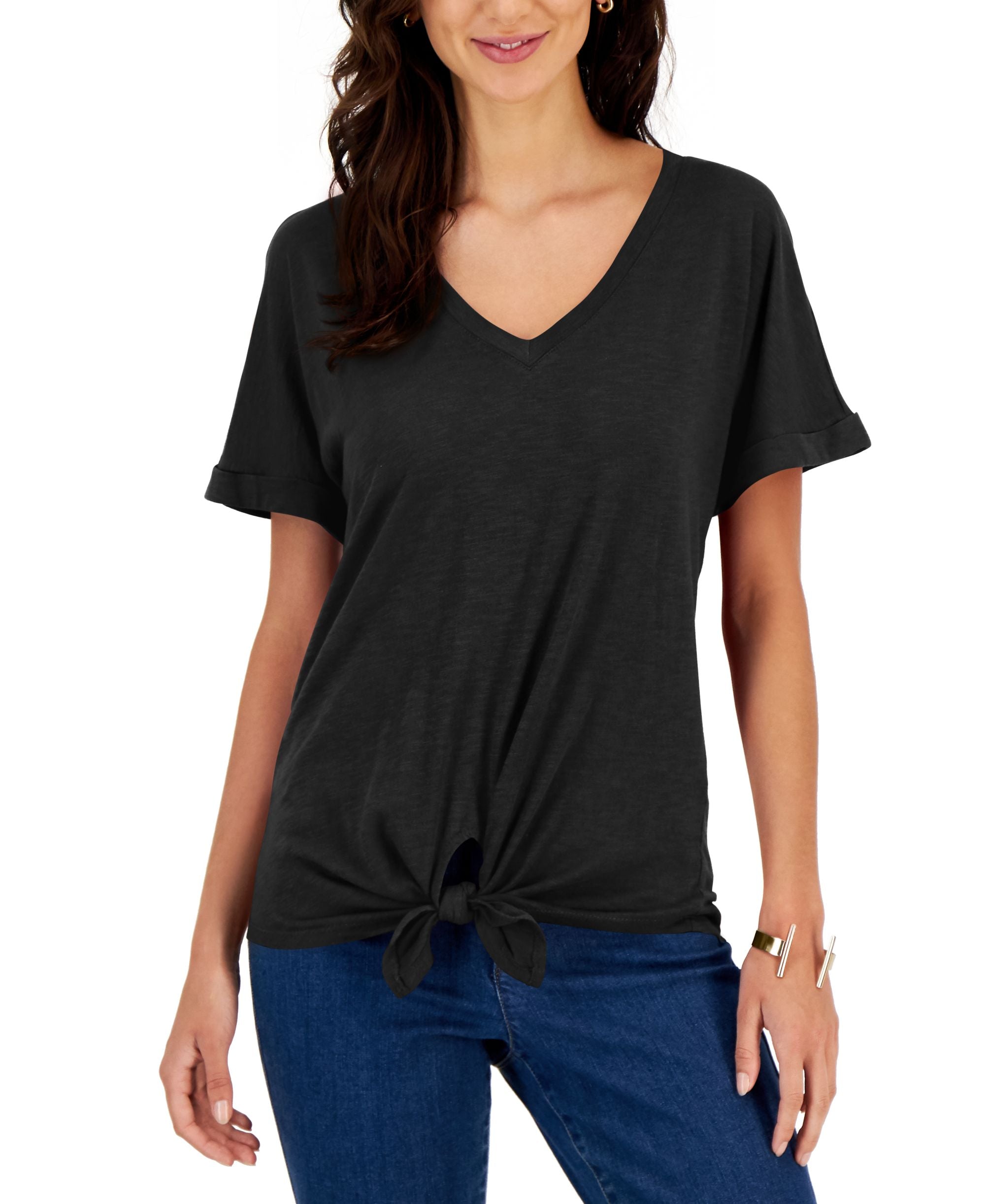 Style & Co Petite V Neck Tie Front T-Shirt