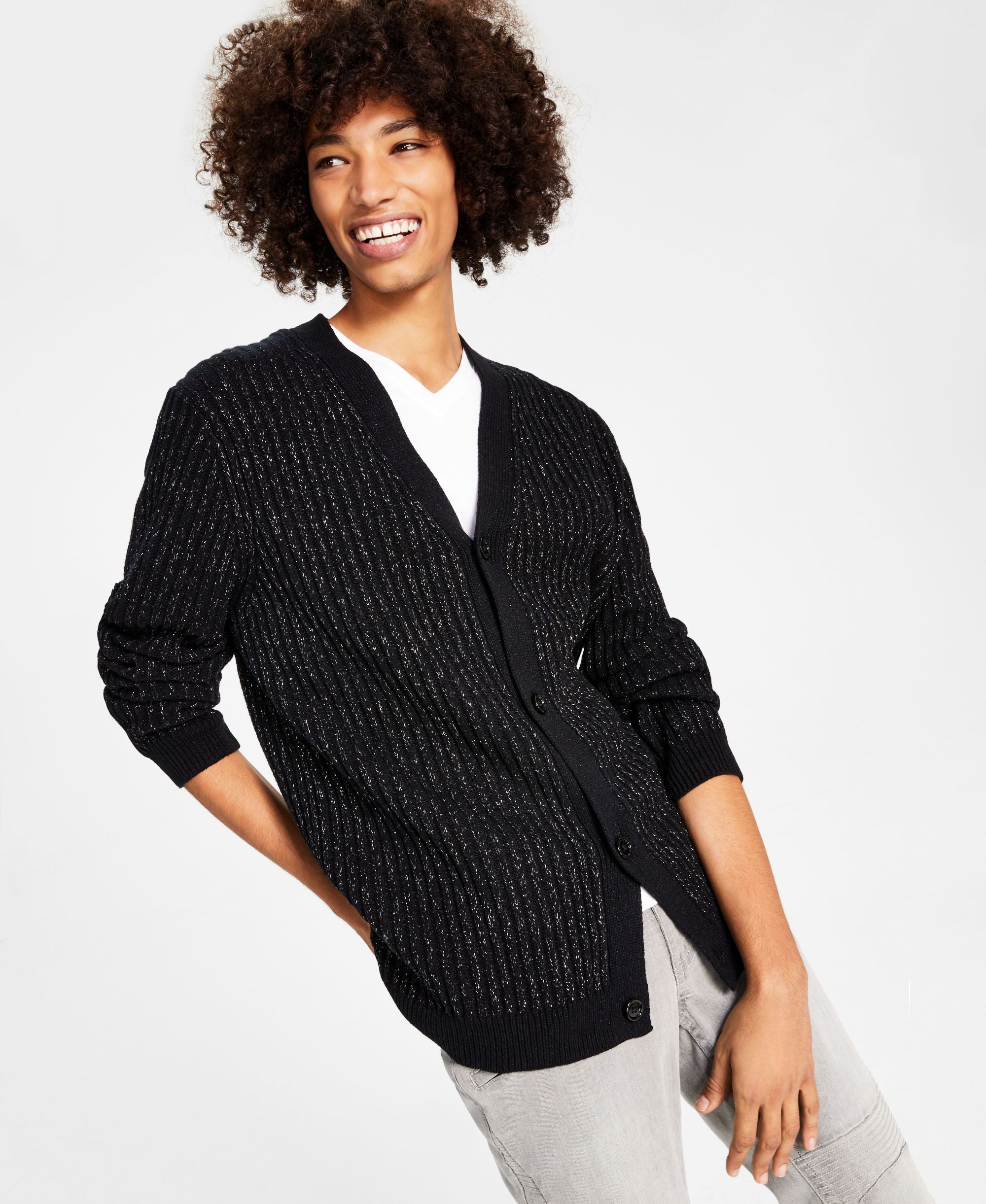 INC International Concepts Mens Twisted Classic Fit Metallic Ribbed Knit Cardigan