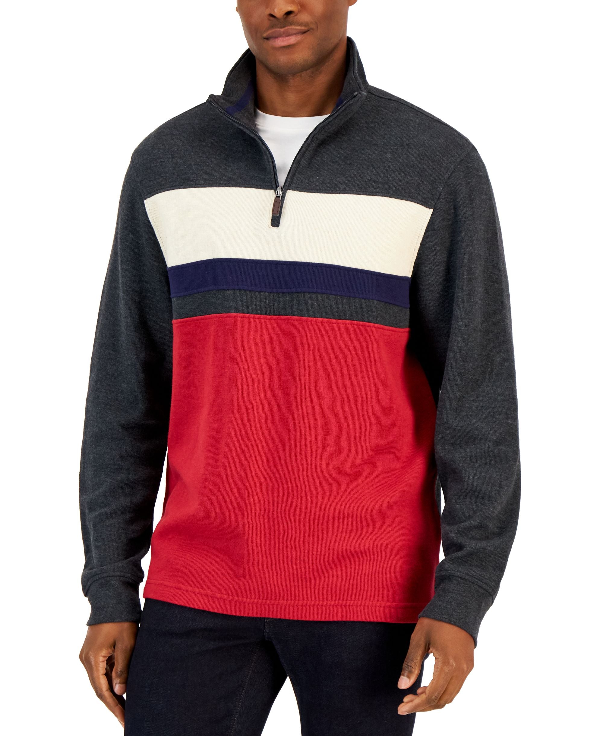 Club Room Mens Colorblocked French Rib Quarter Zip Sweater