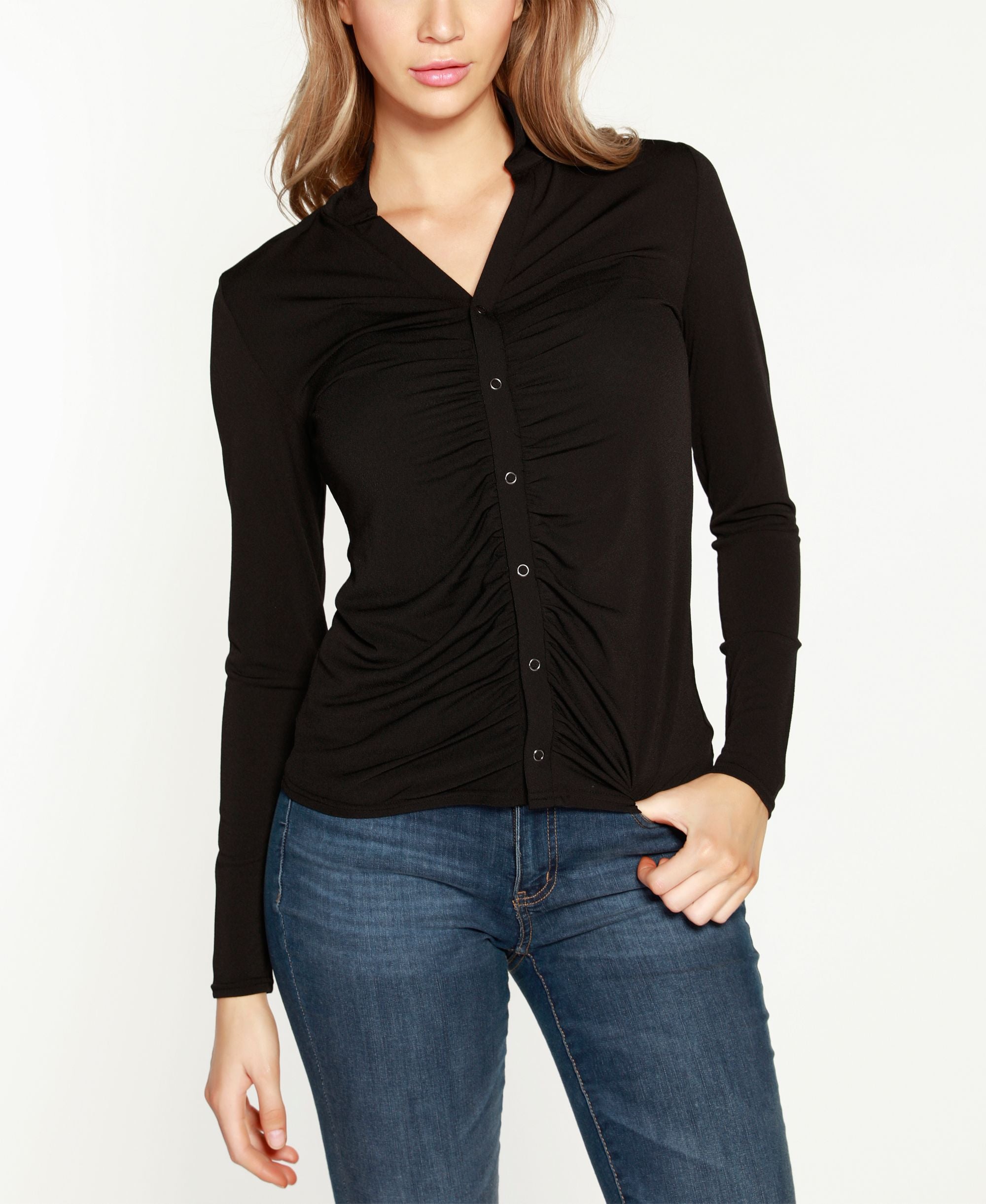Belldini Black Label Petite Button Front Collared Top