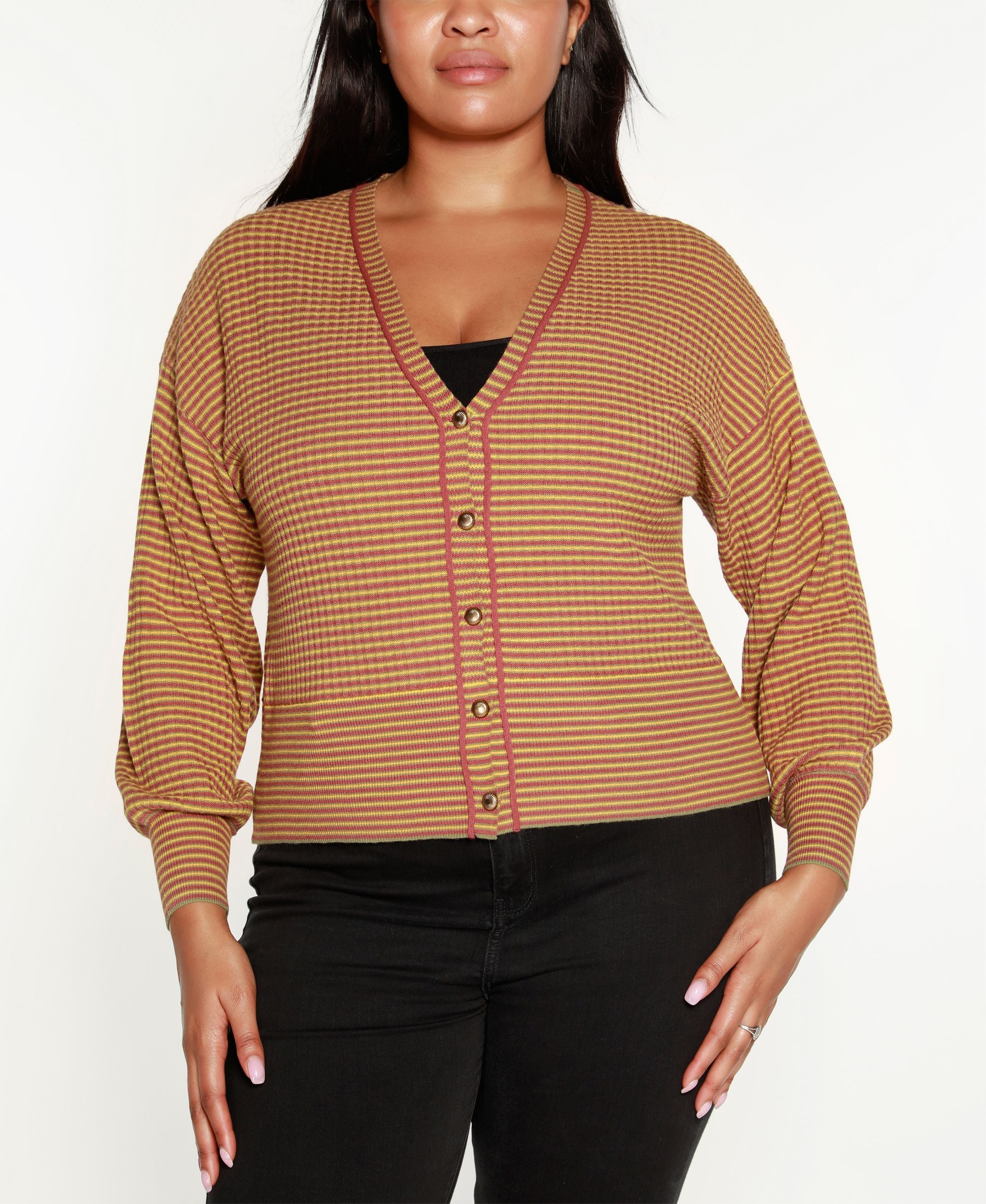Belldini Black Label Plus Size Striped Button Front Cardigan Sweater