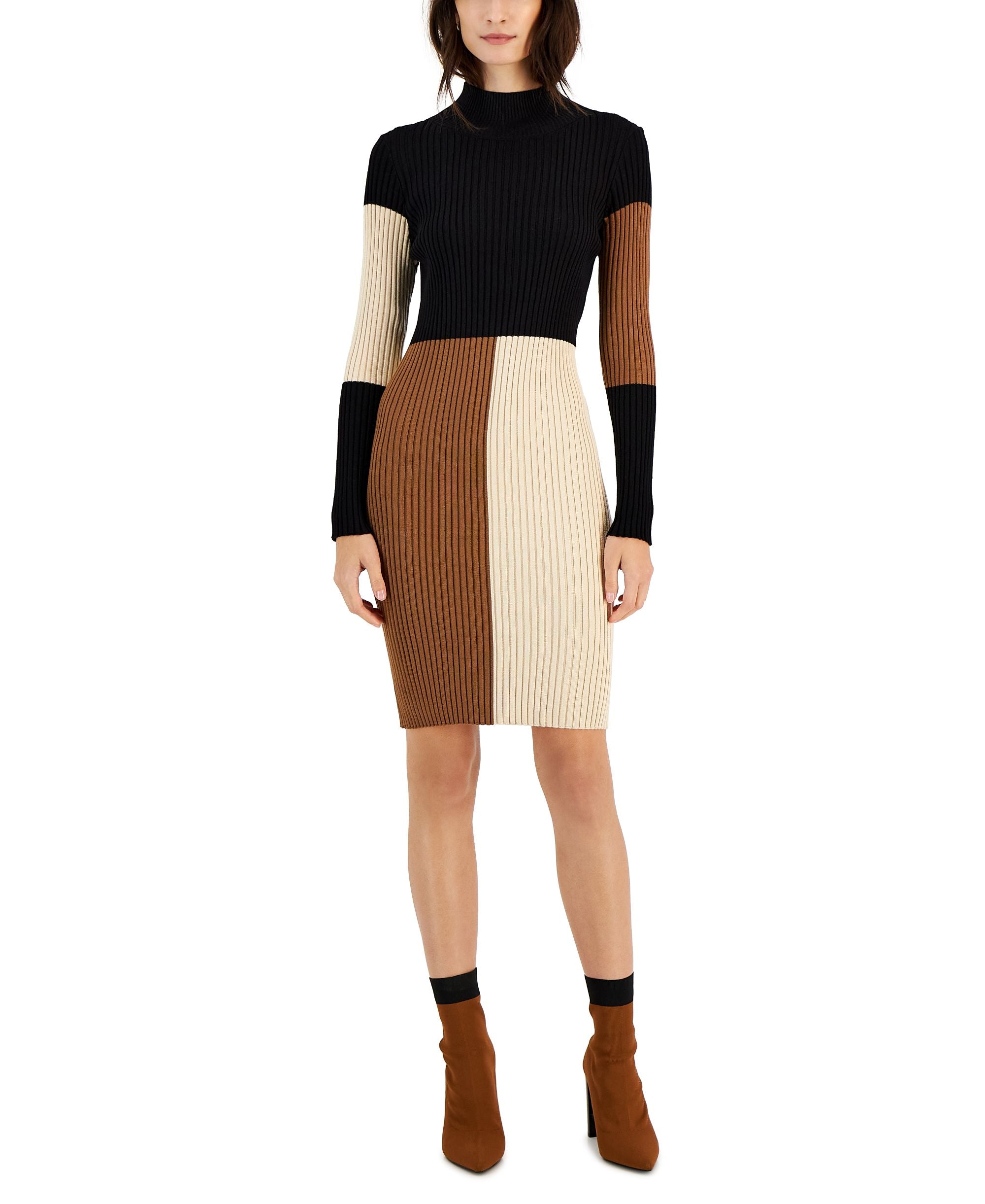 Taylor Womens Colorblocked Ribbed Long Sleeve Sweater Dress