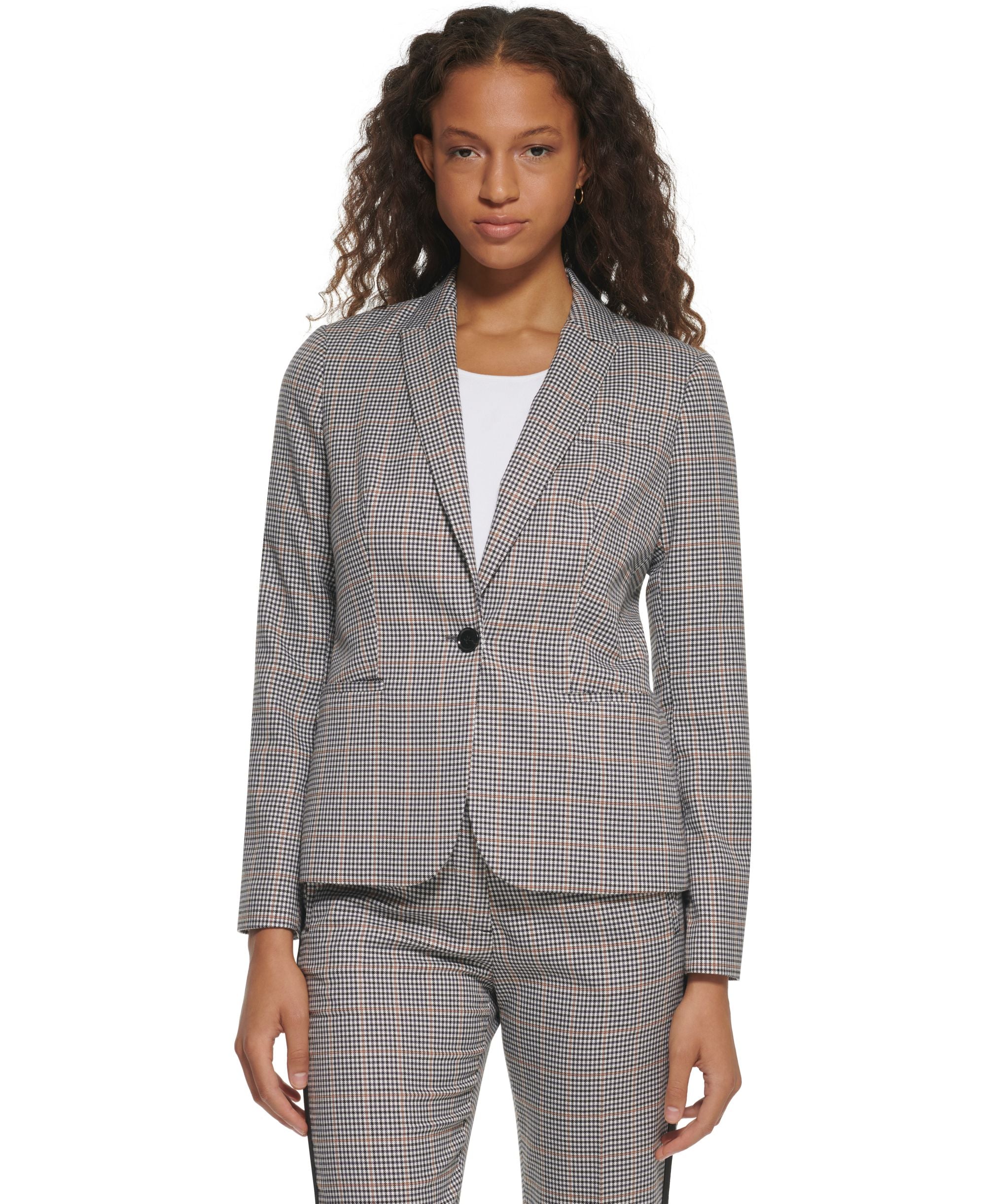 Tommy Hilfiger Womens One Button Plaid Blazer