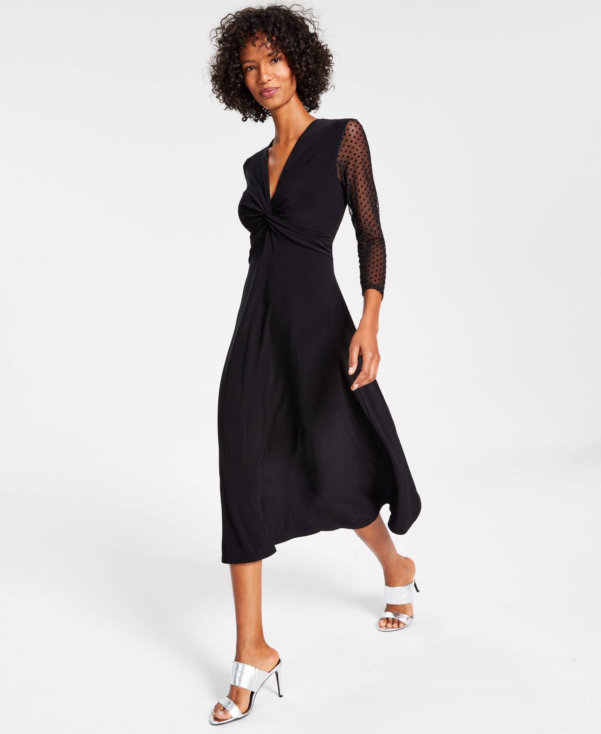 Women's Twisted Sheer-Sleeve Midi Dress