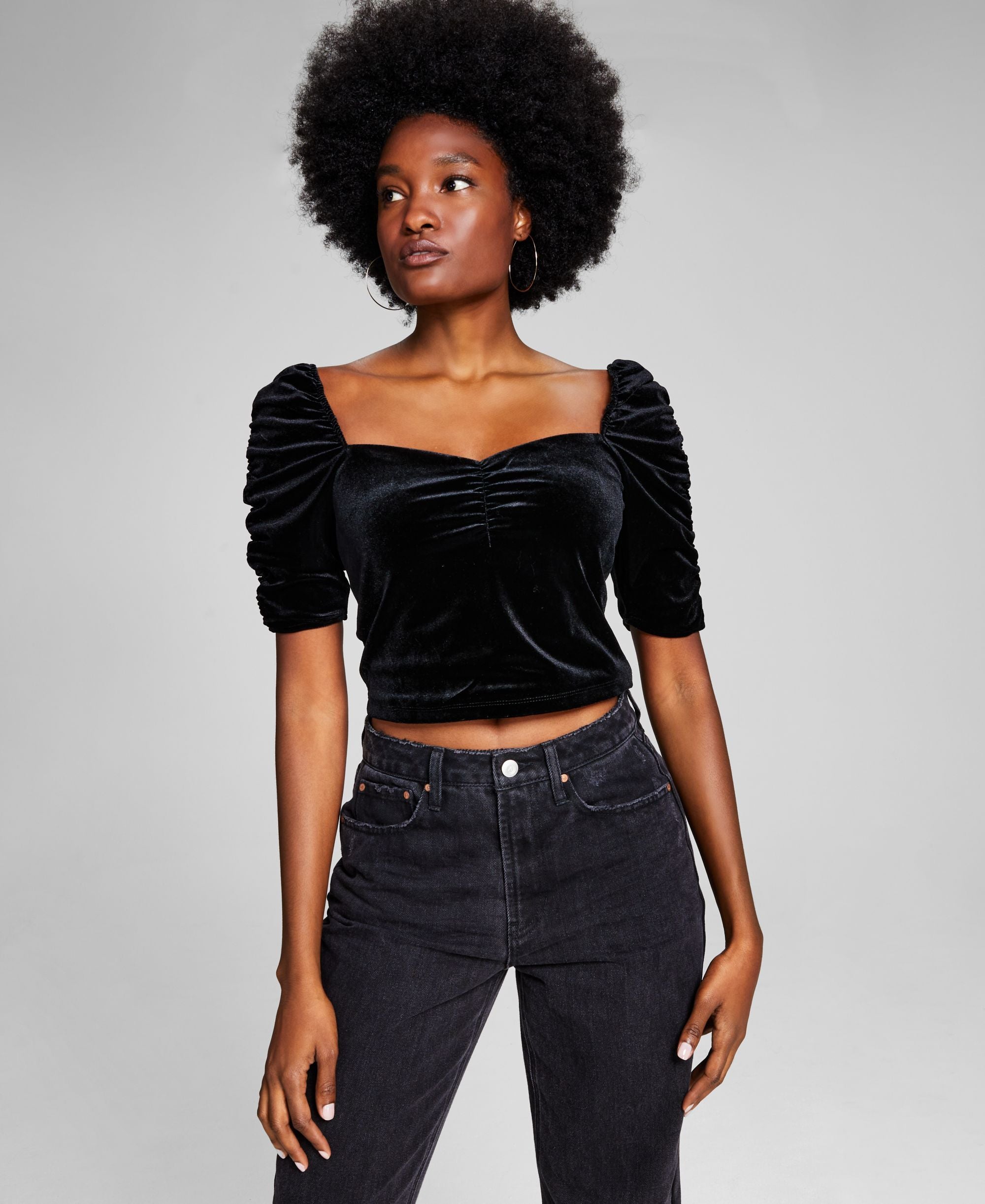 Women's Velvet Ruched-Sleeve Crop Top