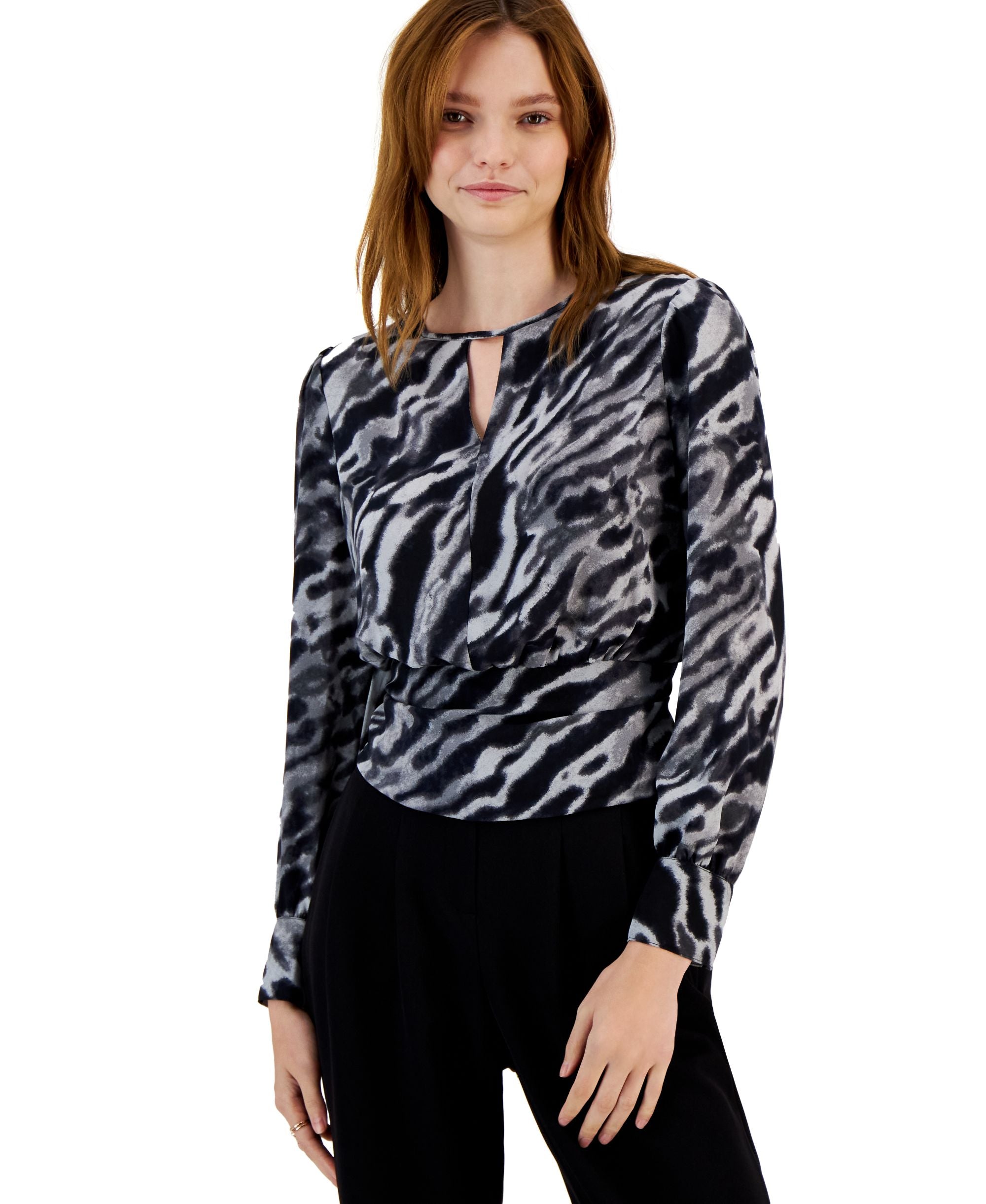 Bar III Womens Animal Print Keyhole Blouse