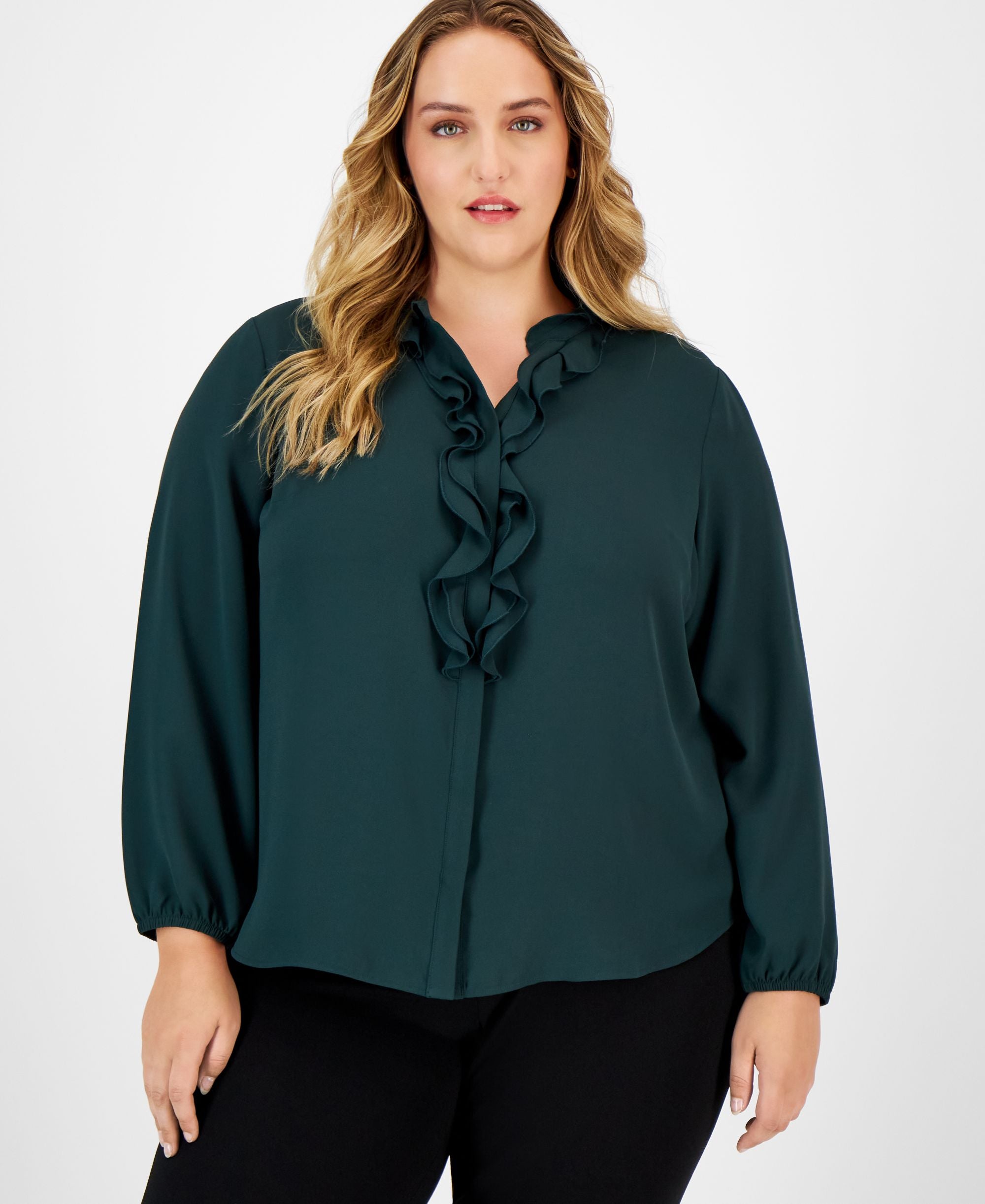 Plus Size Ruffled Split-Neck Blouse