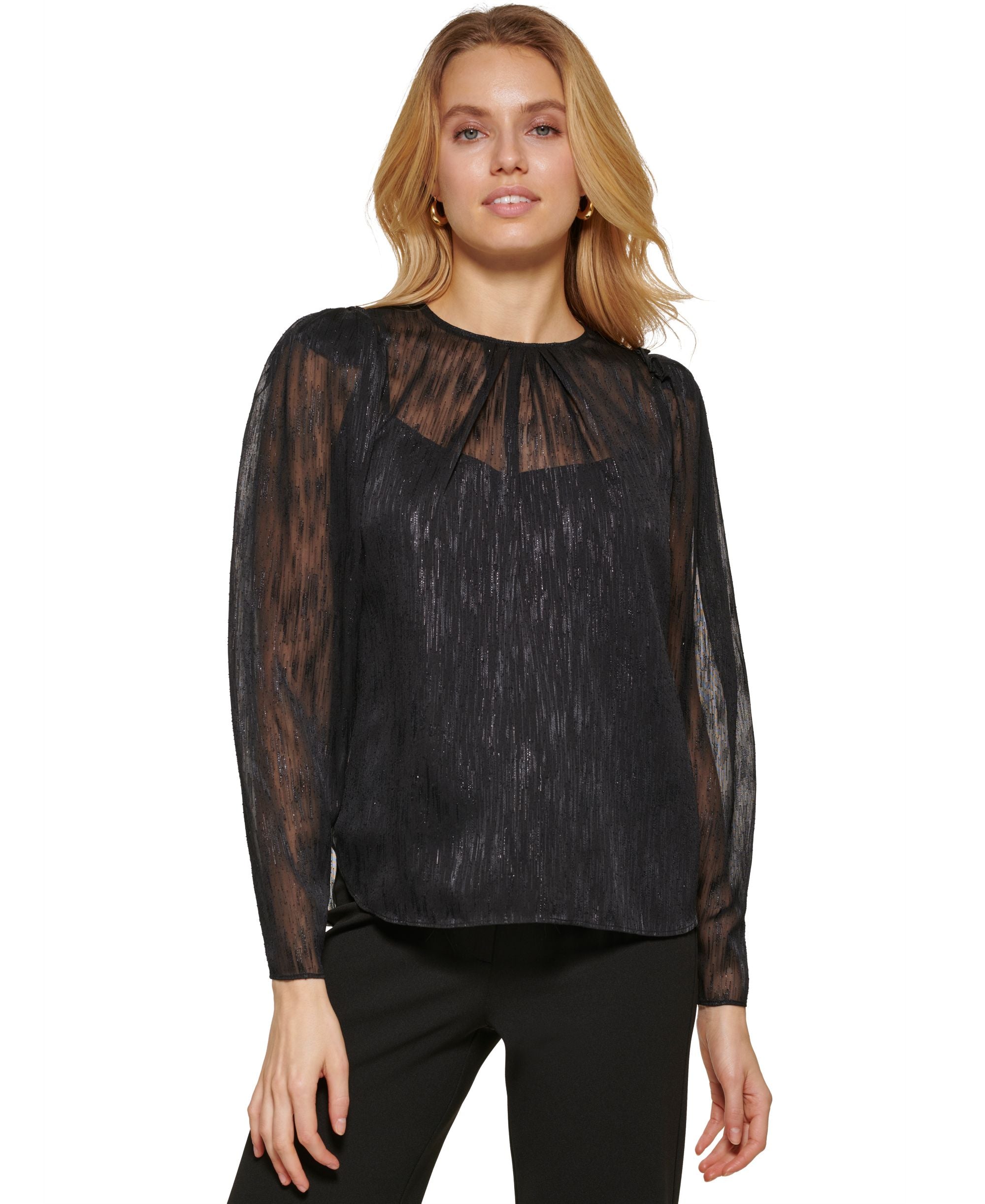 DKNY Womens Crewneck Long Puff Sleeve Mesh Top