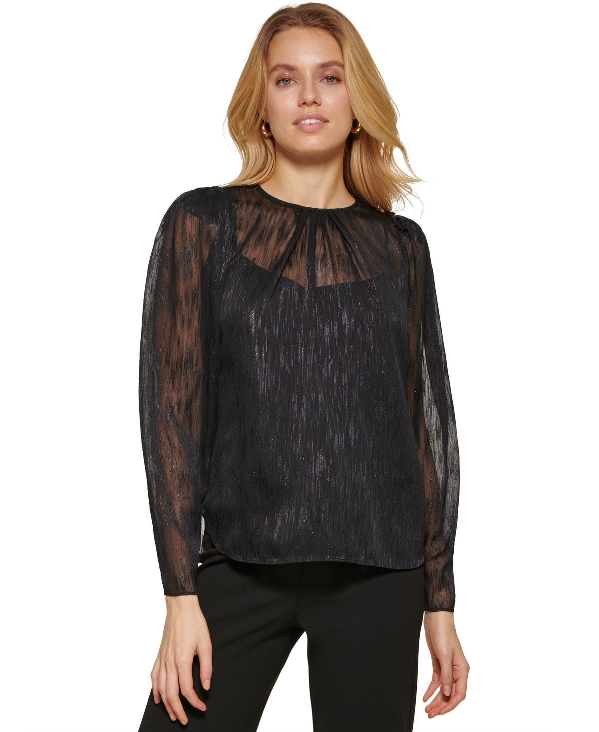 DKNY Womens Crewneck Long Puff Sleeve Mesh Top