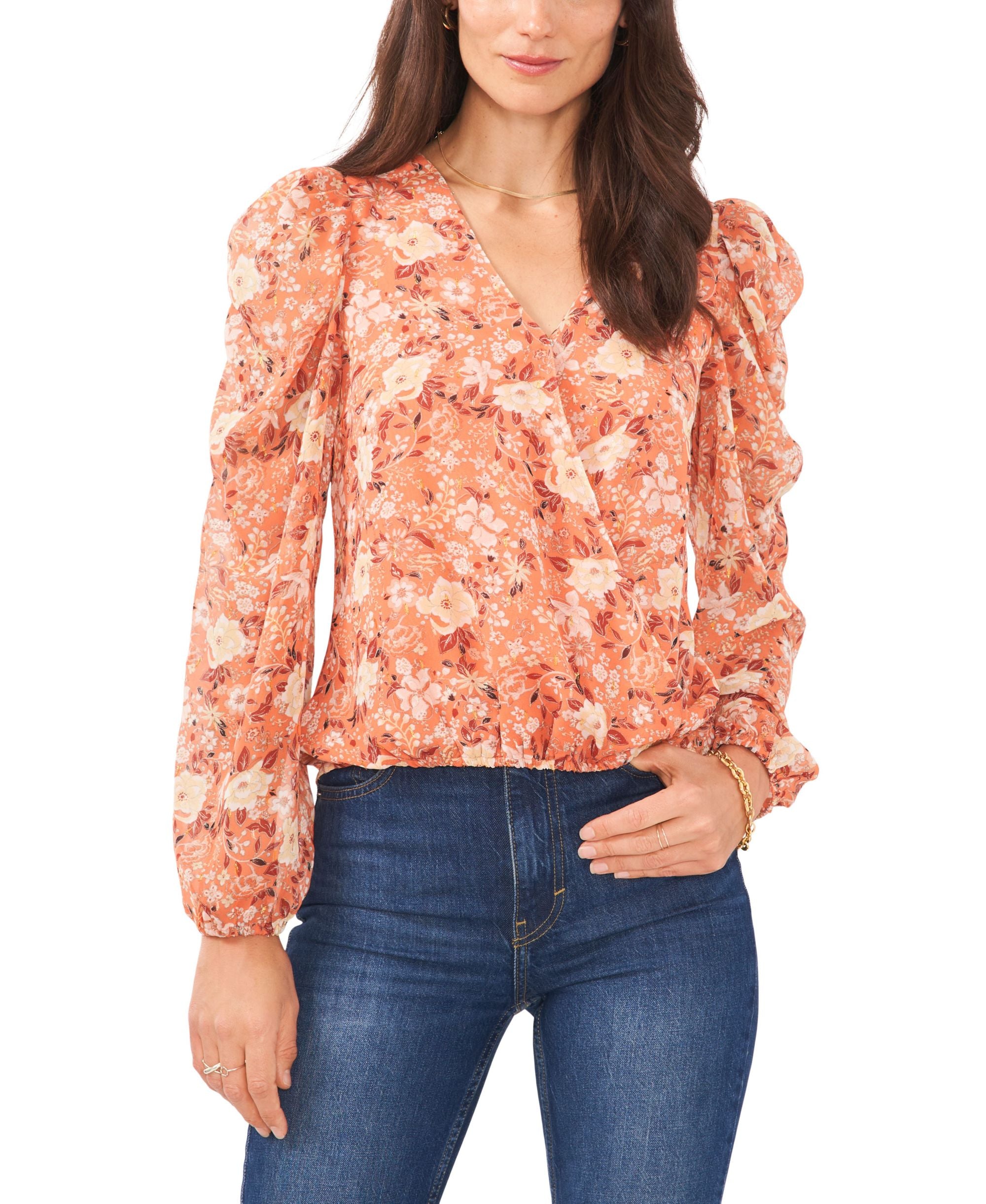 Women's Long Sleeve Faux Wrap V-Neck Blouse
