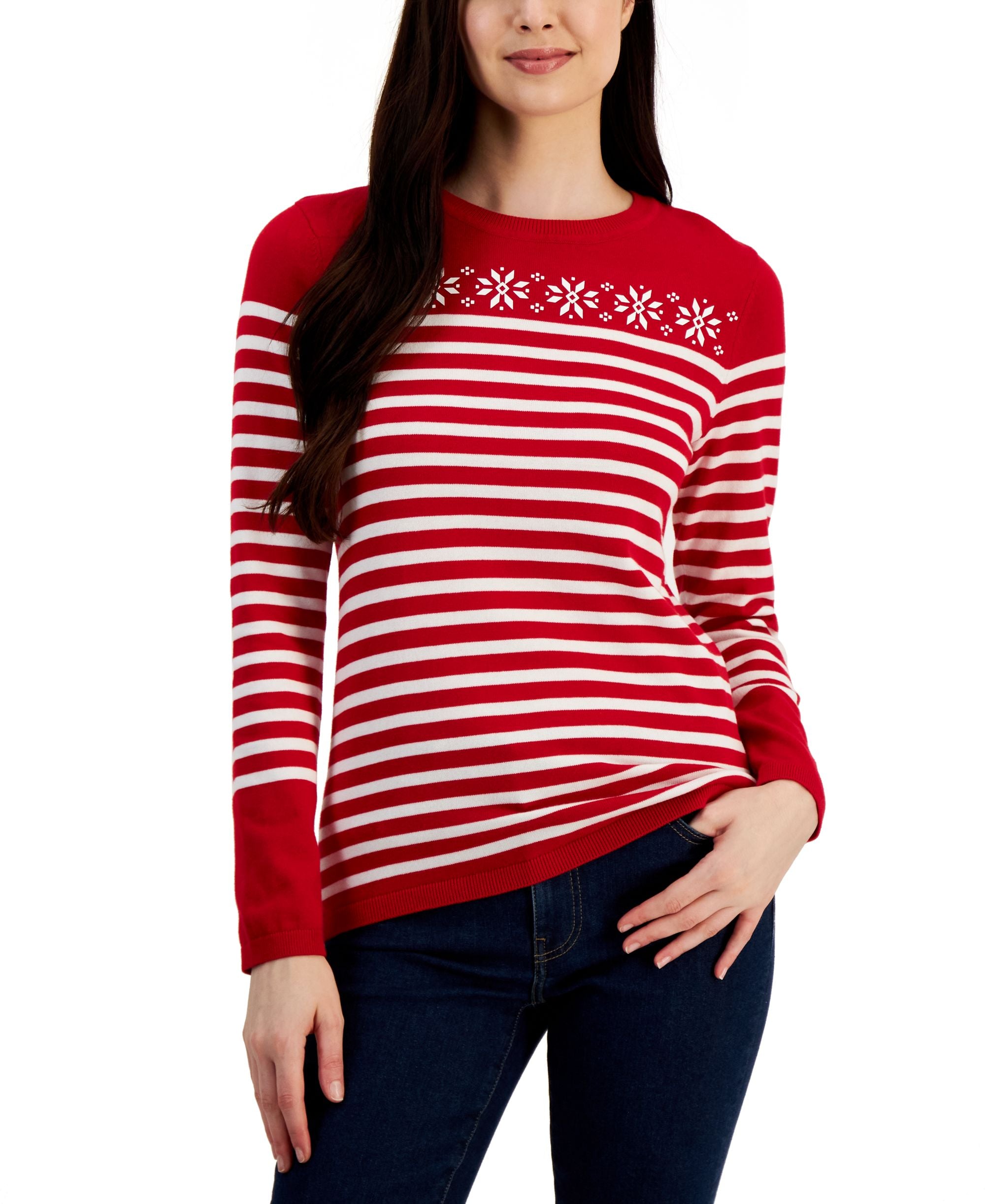 Women's Striped Printed Cotton Snowflake Sweater