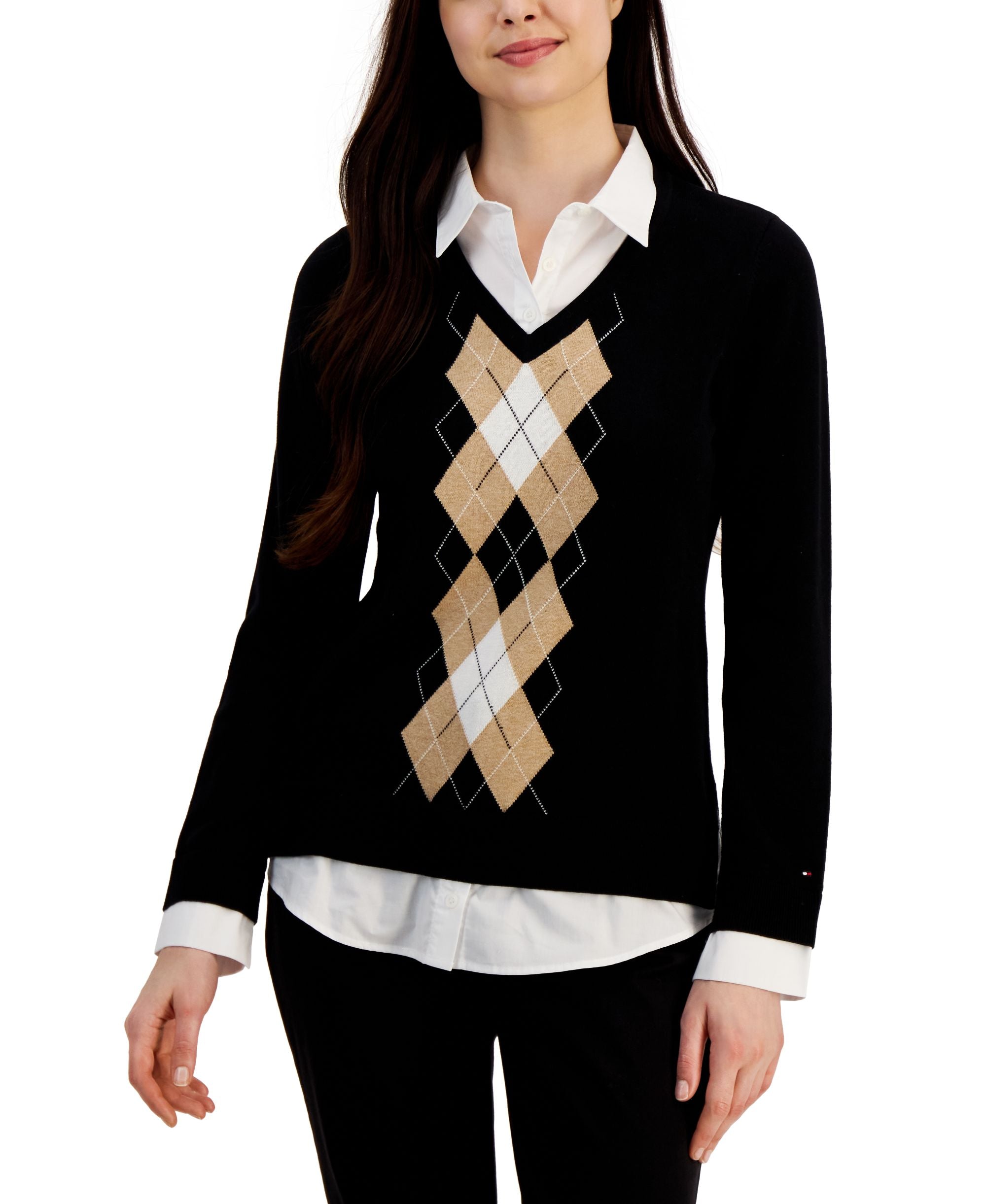 Women's Cotton Argyle-Print Layered-Look Sweater