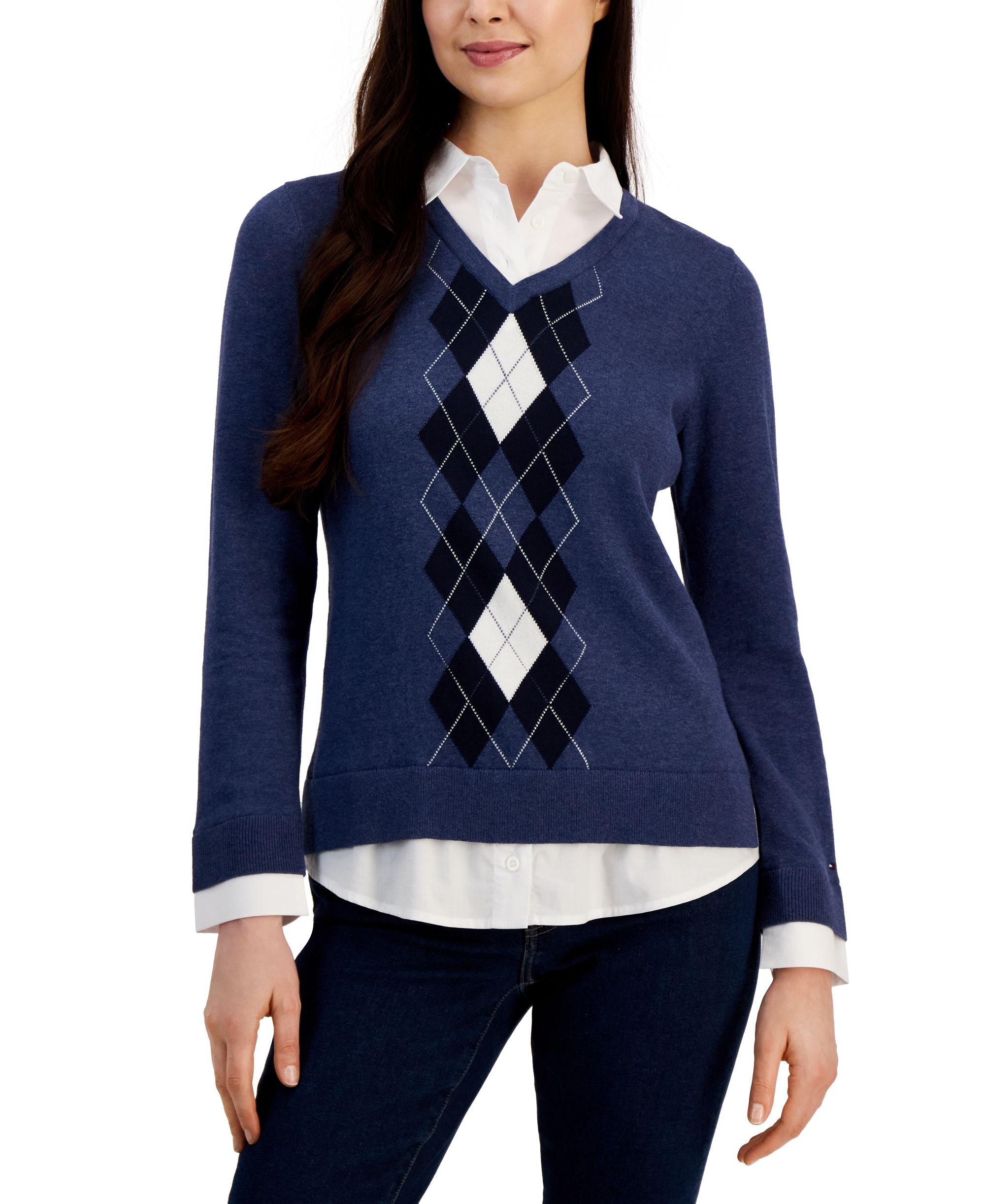 Tommy Hilfiger Womens Cotton Argyle Print Layered Look Sweater