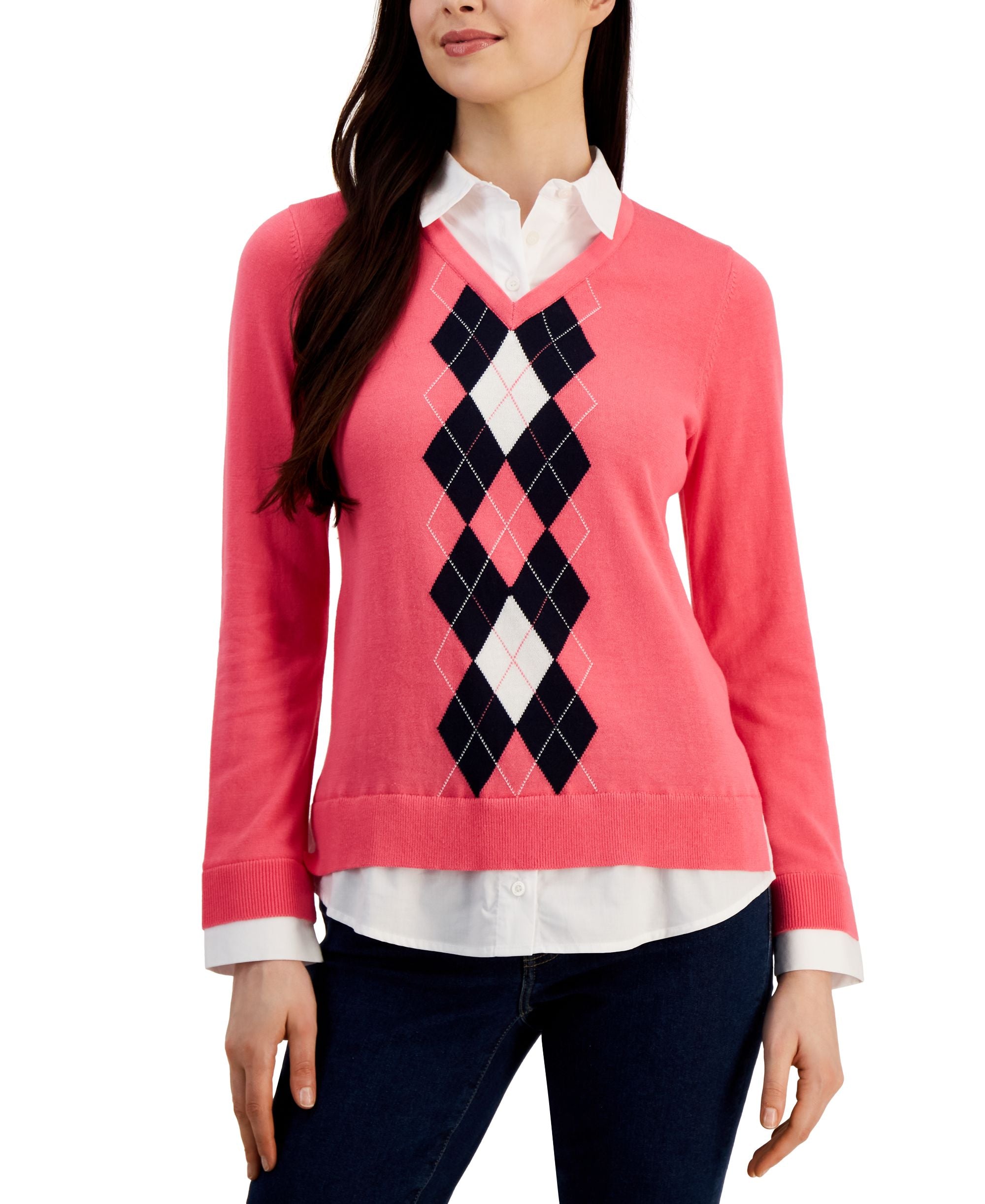 Tommy Hilfiger Womens Cotton Argyle Print Layered Look Sweater