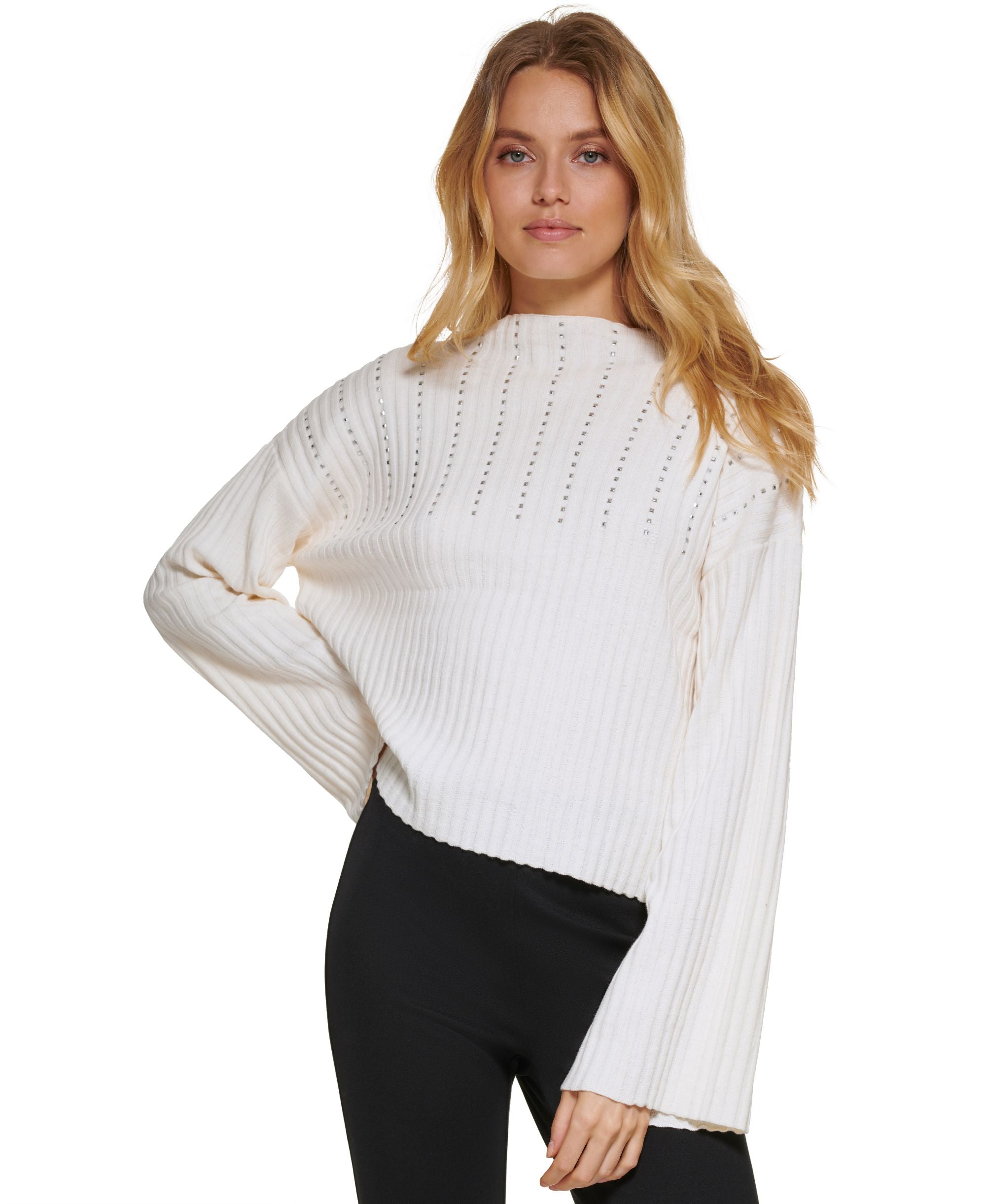 DKNY Womens Studded Front Cowlneck Long Sleeve Sweater