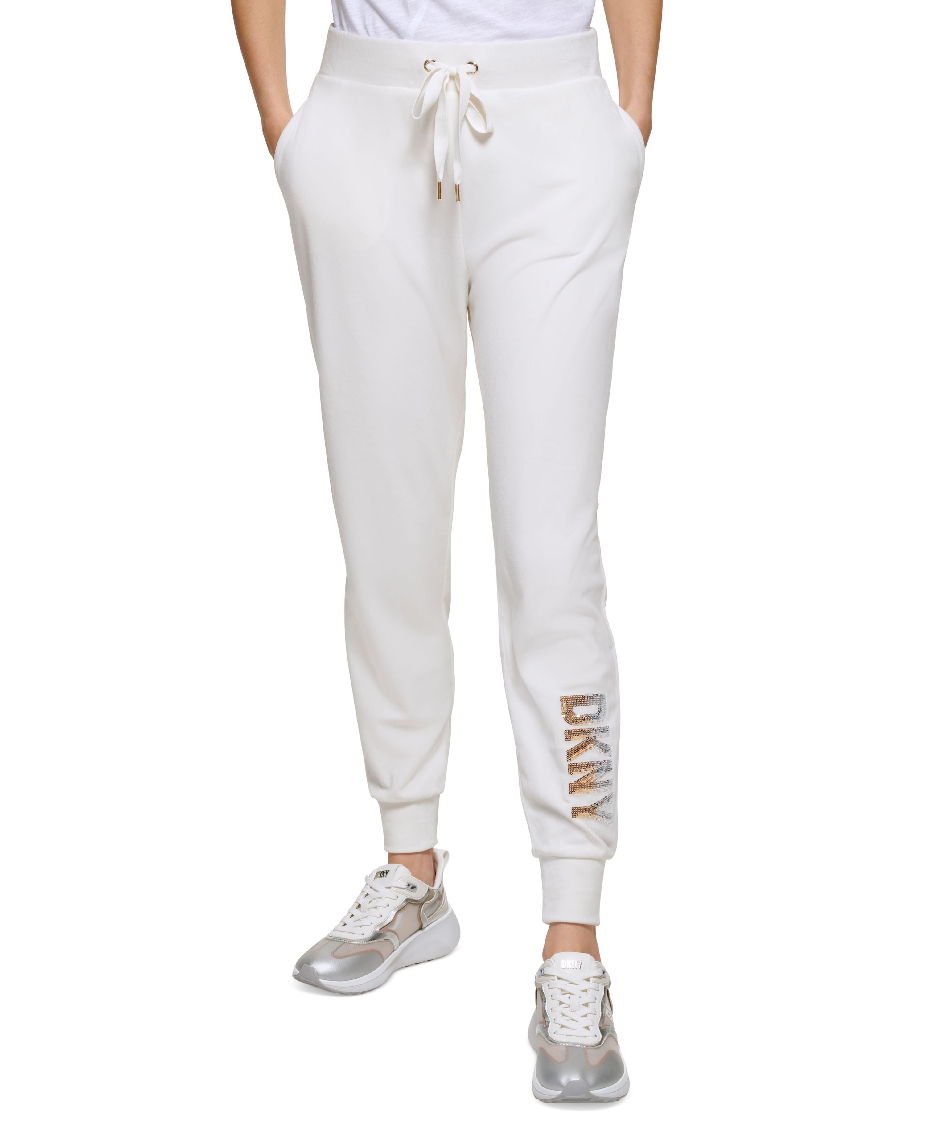 Women's Velour Sequined-Logo Tie-Waist Pants