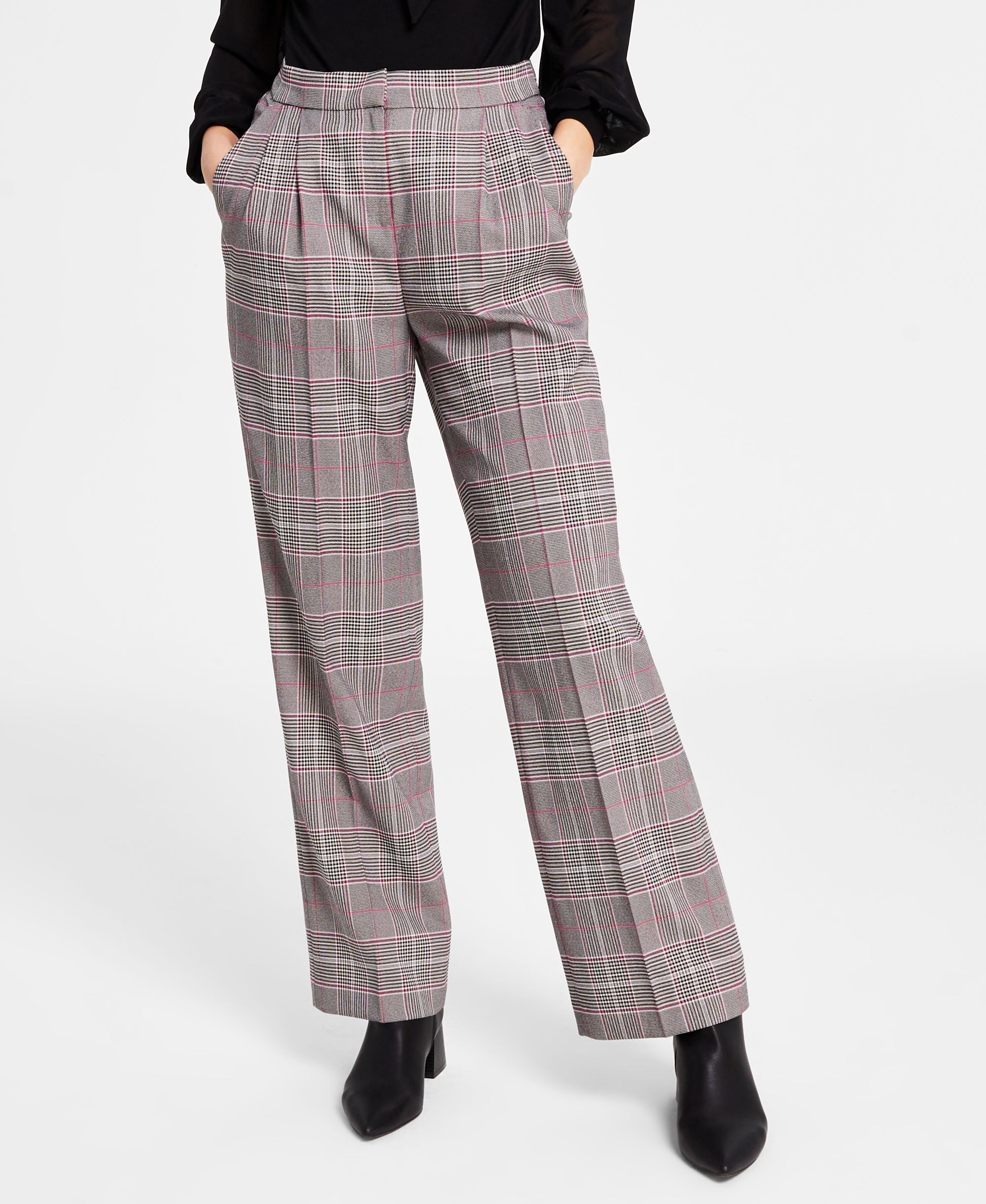 Women's Plaid Pleated High-Waist Wide-Leg Pants