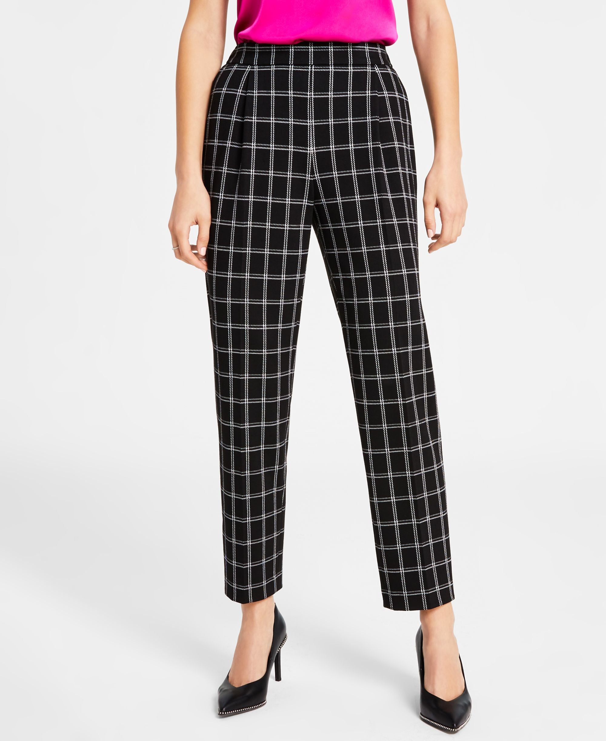 Women's Windowpane-Plaid Mid-Rise Pull-On Pants