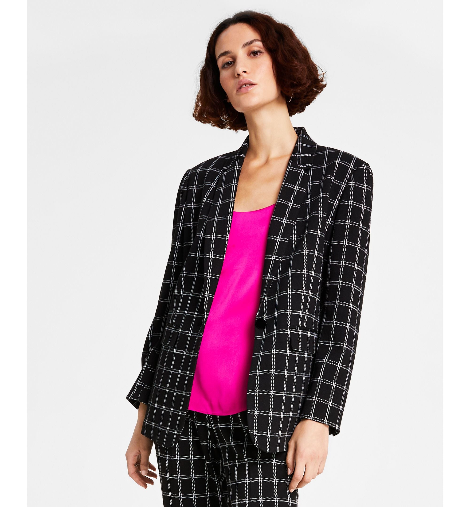 Women's Plaid Long-Sleeve Single-Button Boyfriend Blazer