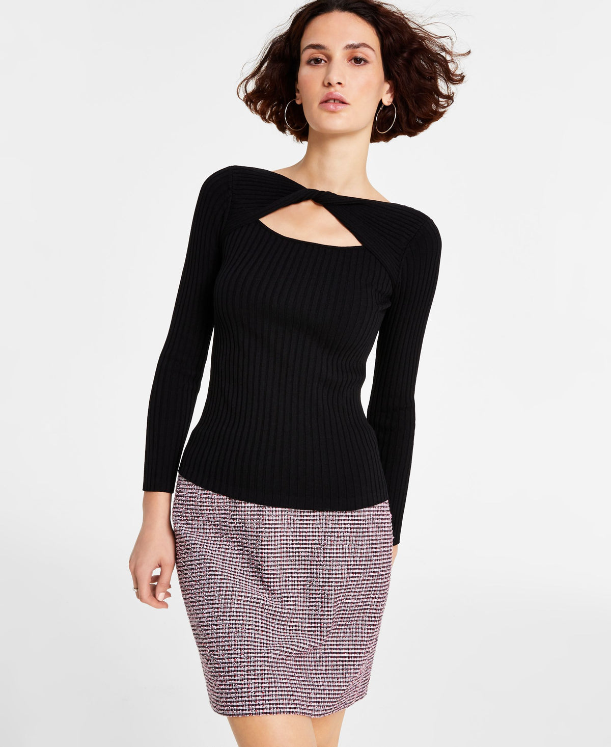 Women's Ribbed Twist-Front Cutout Long-Sleeve Sweater