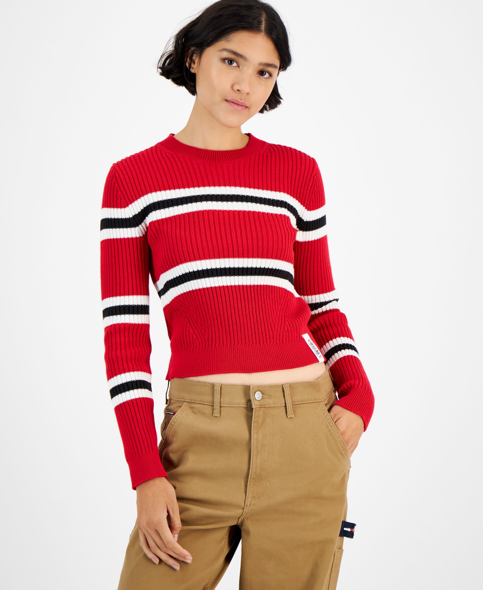 Striped Ribbed Long-Sleeve Crewneck Sweater