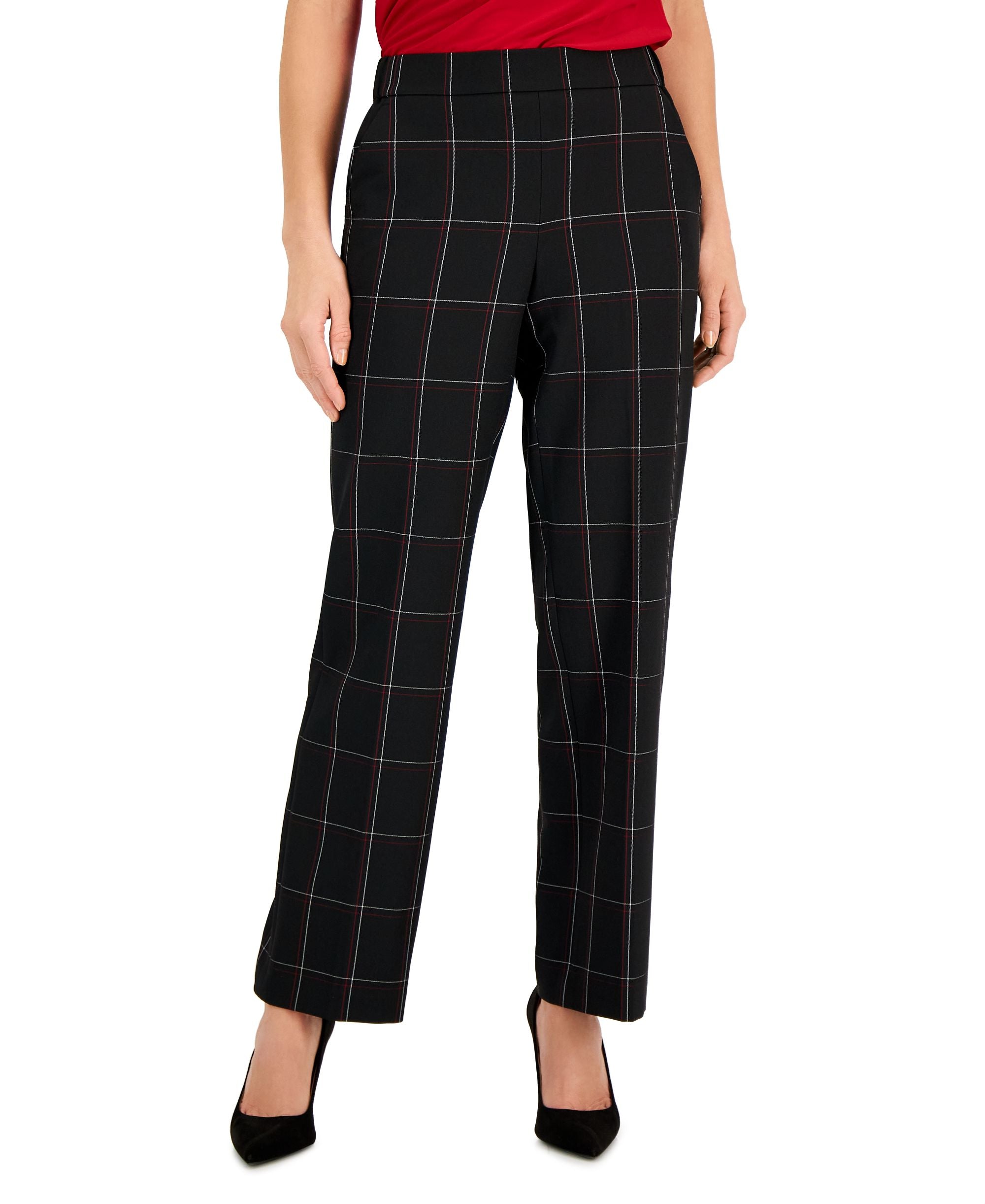 Petite Plaid Pull-On Straight Leg Pants