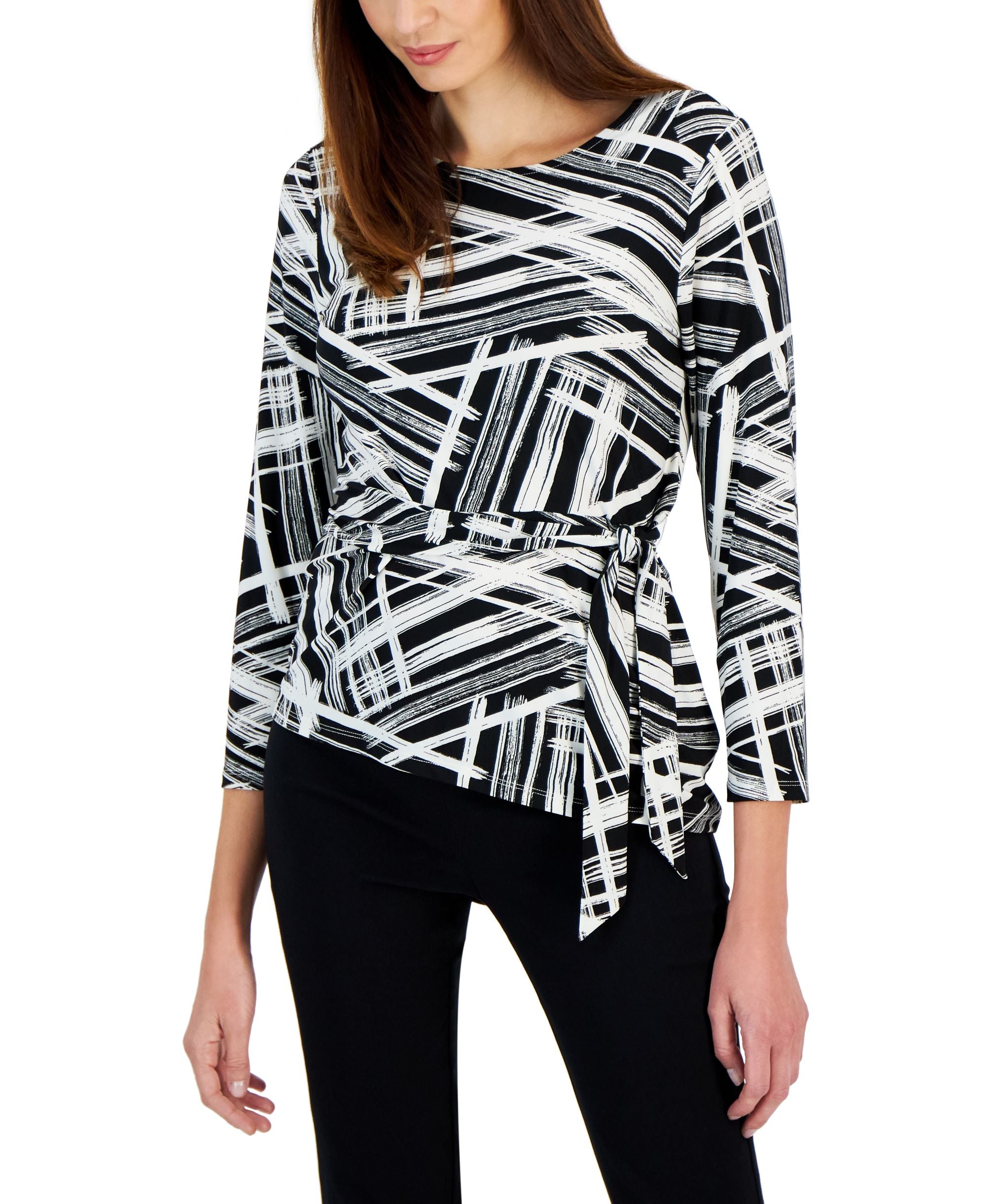 Women's Printed 3/4-Sleeve Tie-Waist Top