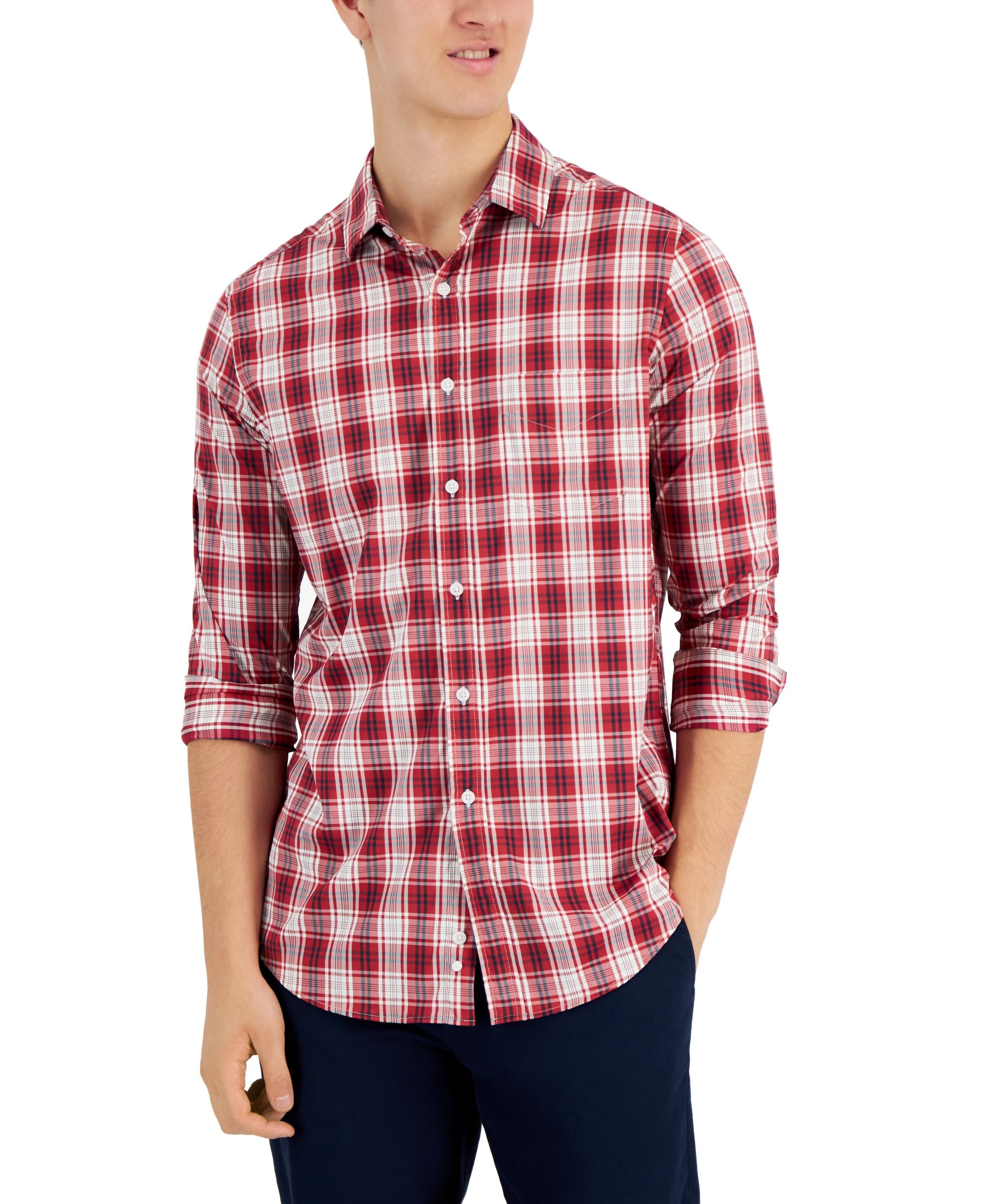 Club Room Mens Plaid Tech Woven Button Up Shirt