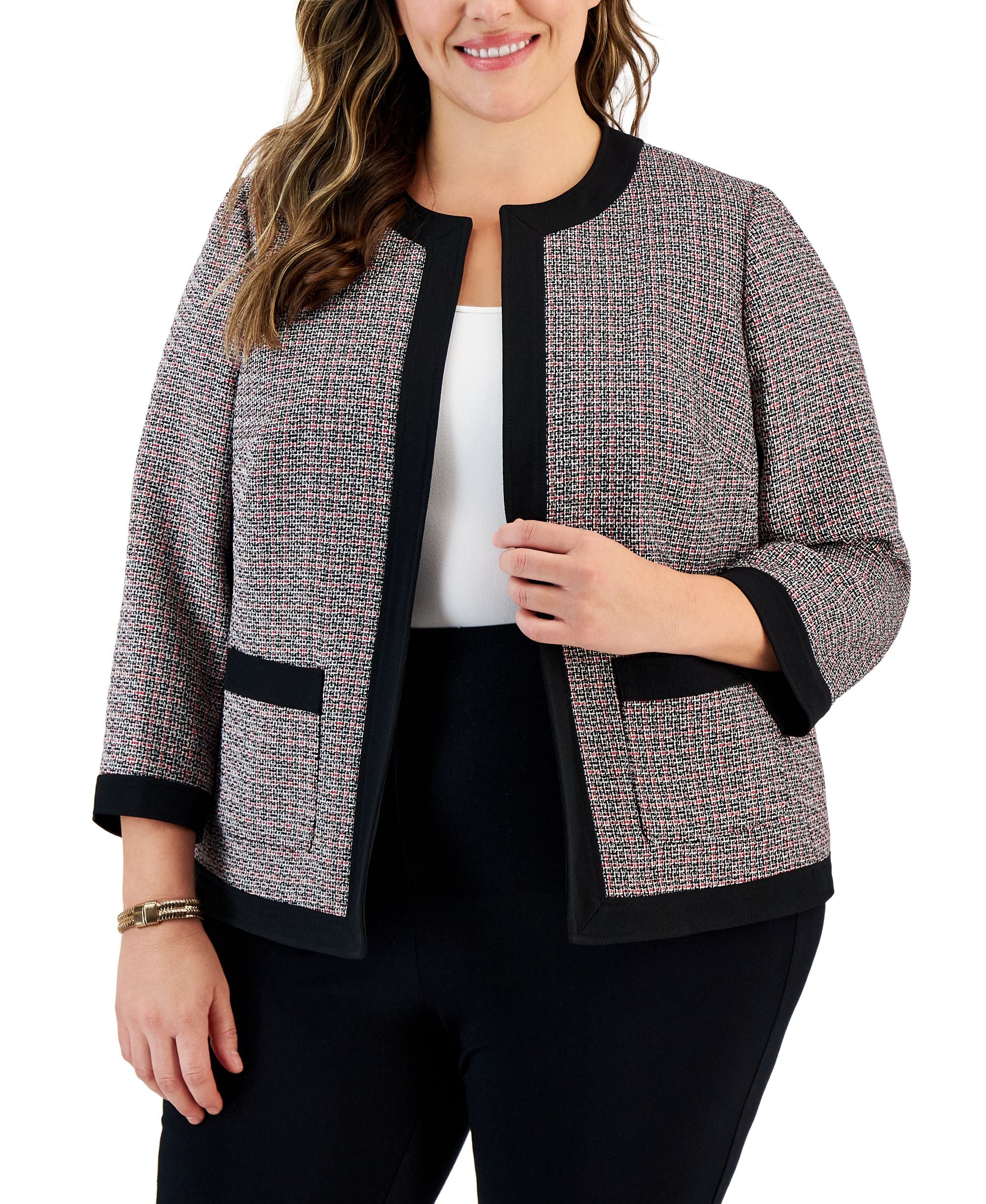 Plus Size Tweed Collarless 3/4-Sleeve Jacket