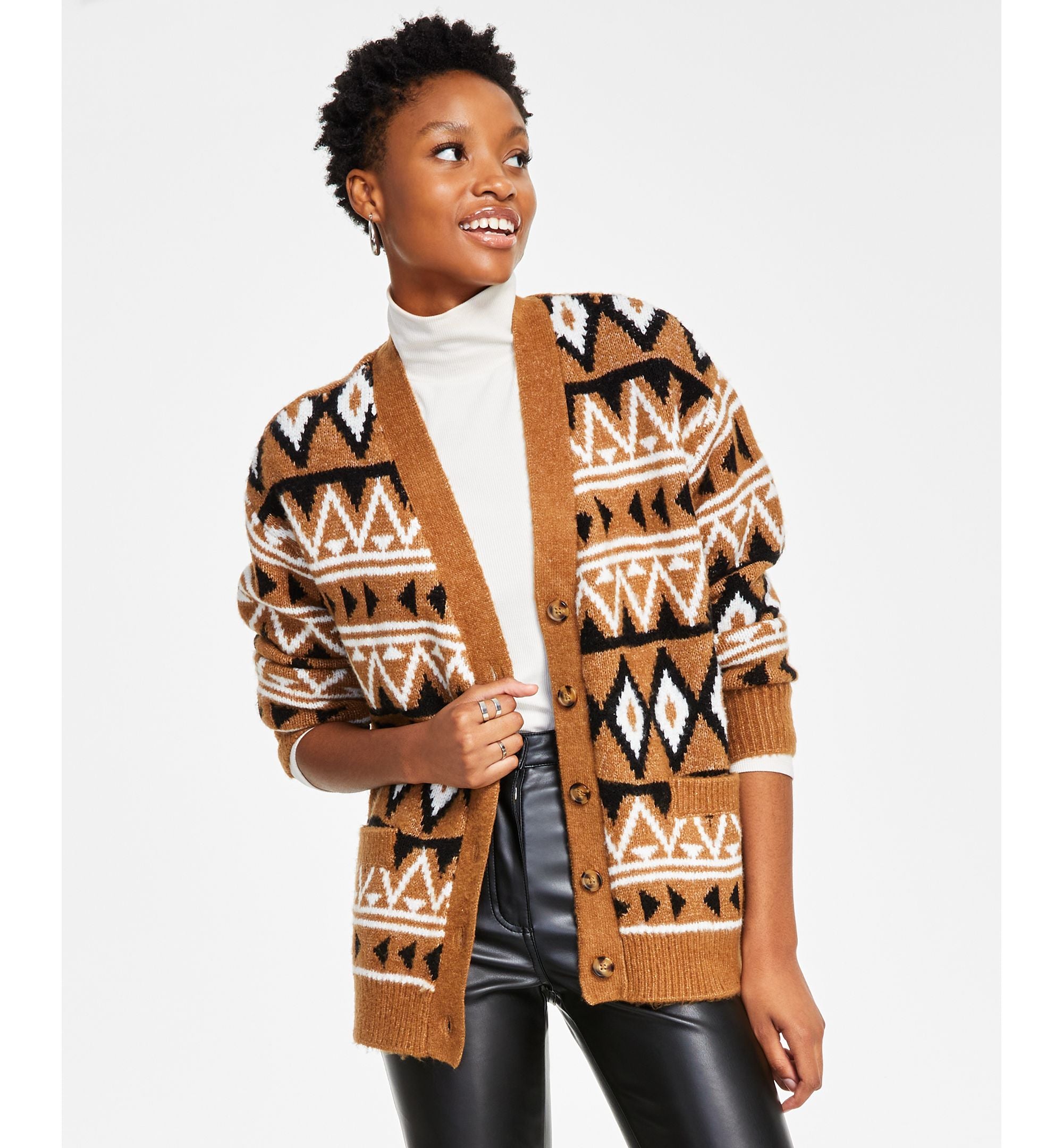 Black Tape Womens Long Sleeve Geometric Knit Button Front Cardigan Sweater