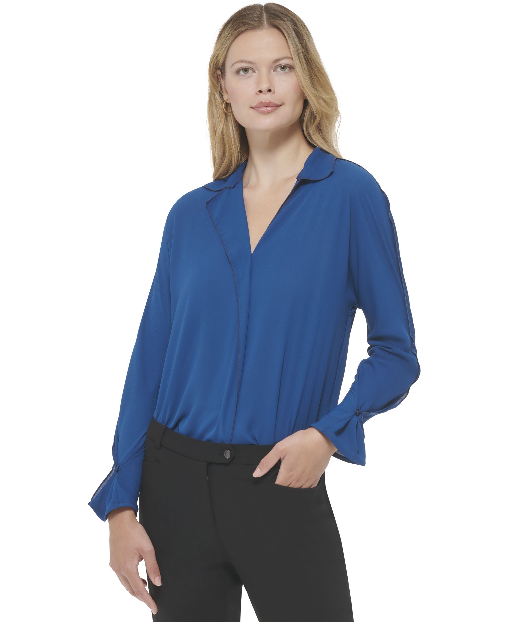 Women's Long Sleeve V-Neck Collared Blouse