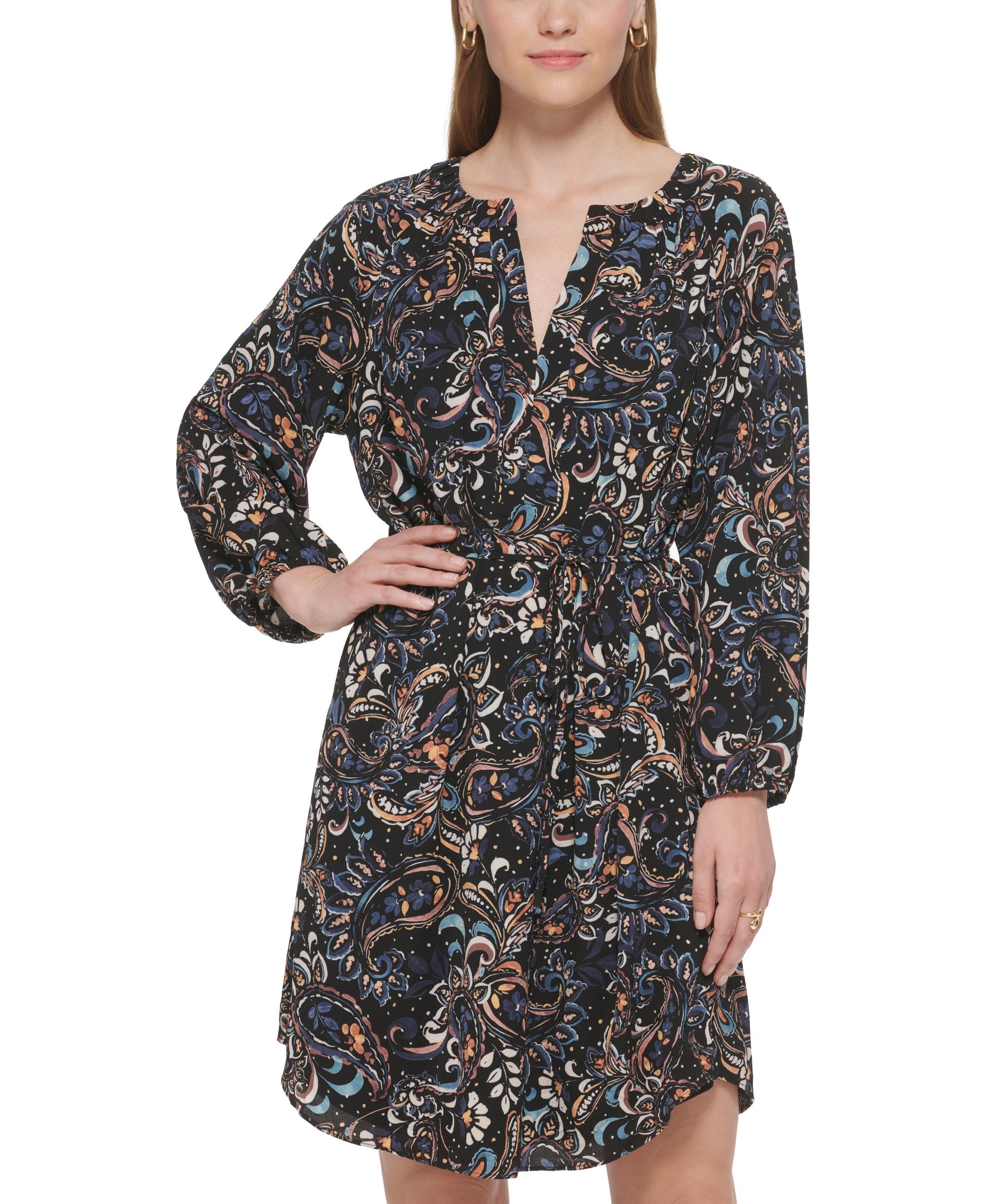 Vince Camuto Womens Printed Balloon Sleeve Belted Dress