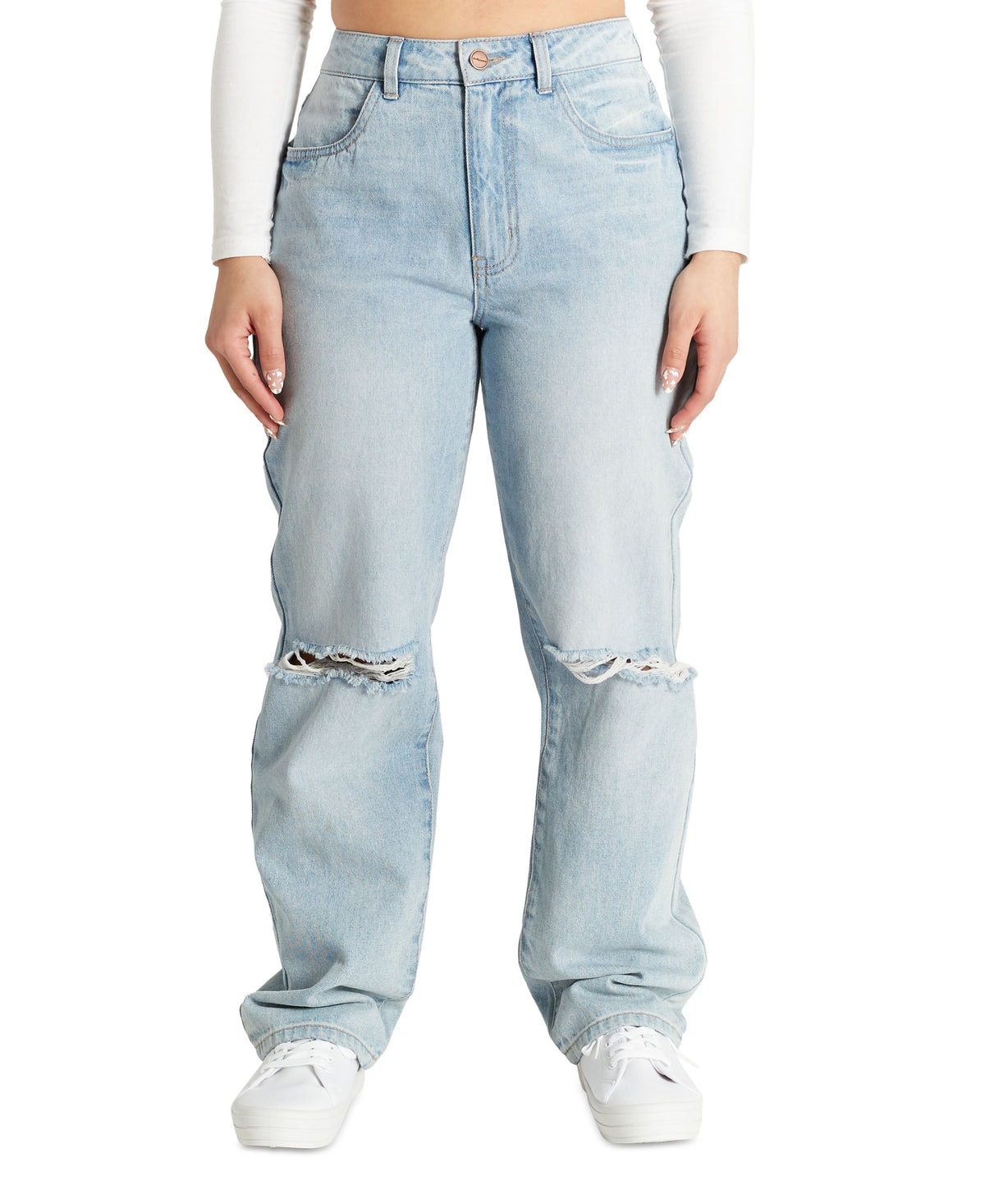Juniors' Ripped Knee High-Rise Dad Jeans