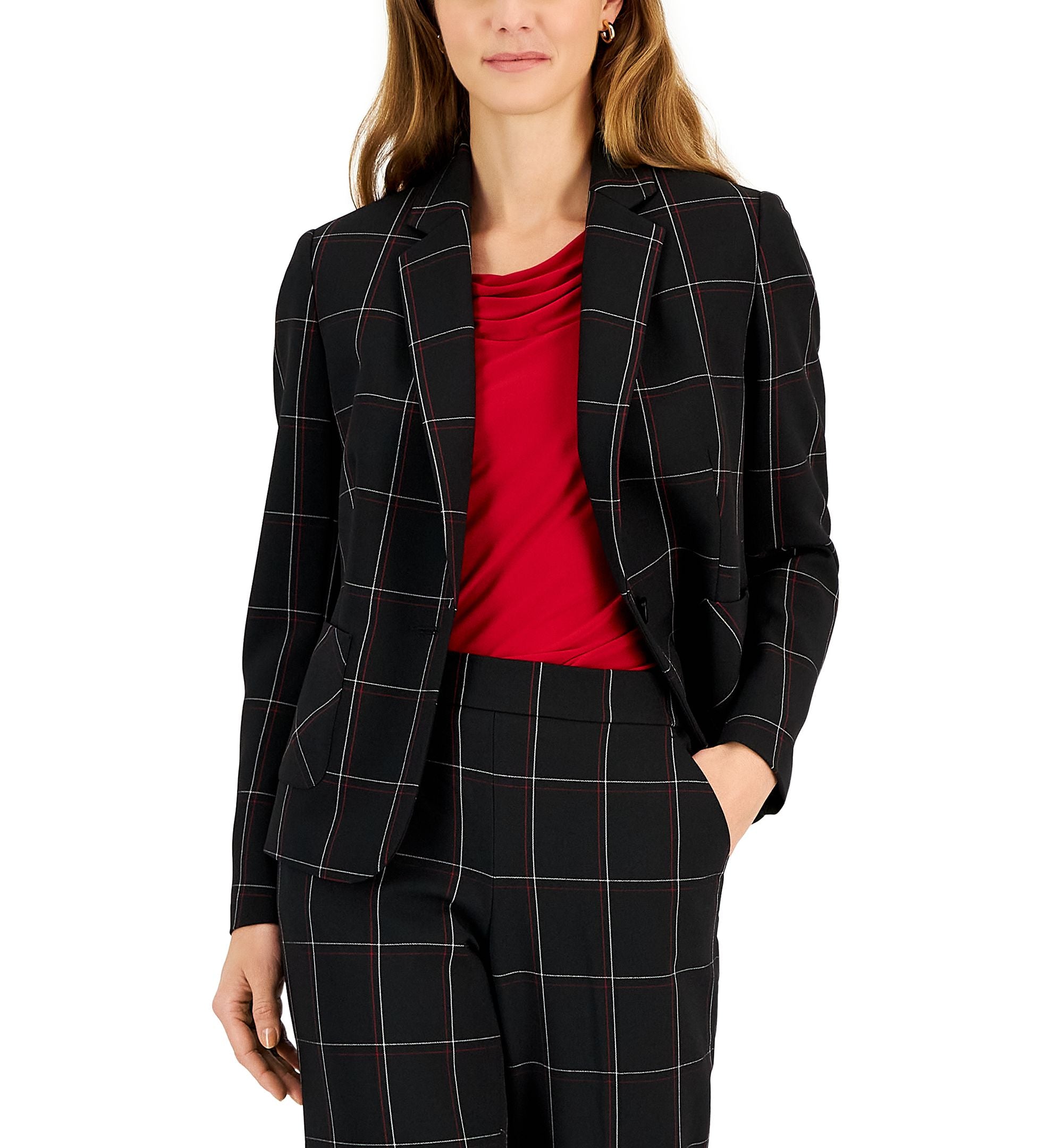 Petite Windowpane Plaid Patch-Pocket Blazer