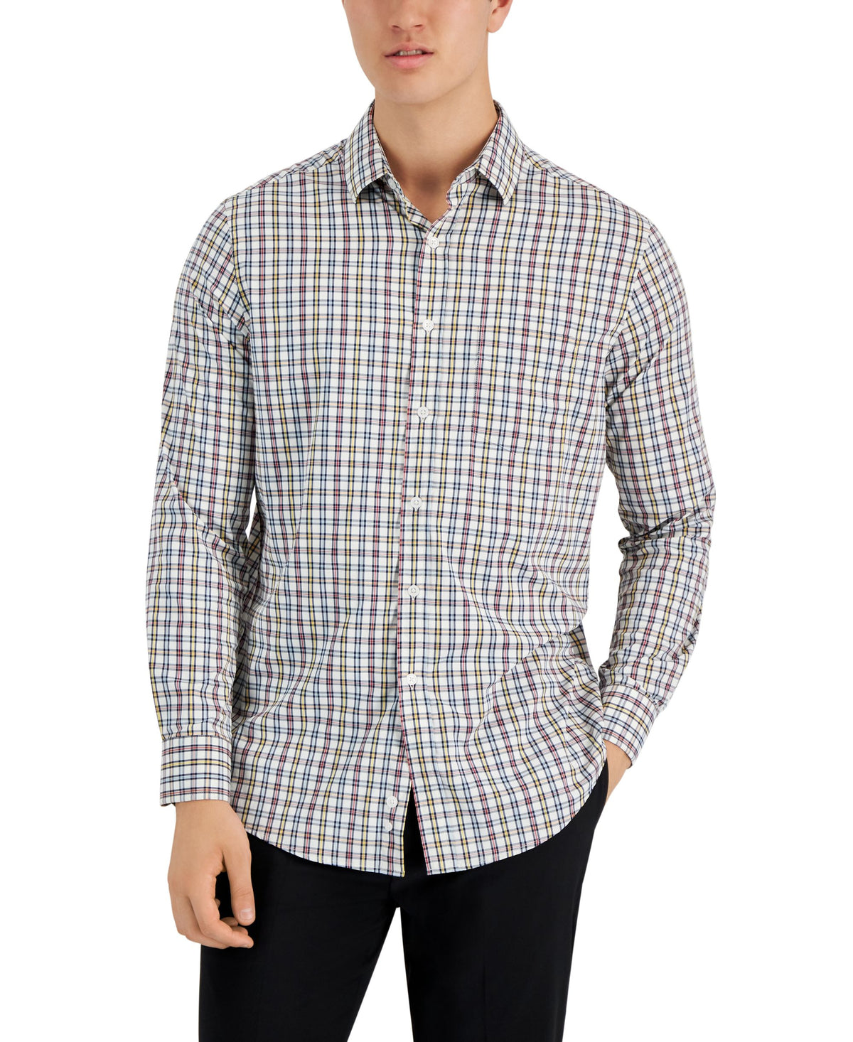 Club Room Mens Plaid Tech Woven Button Up Shirt