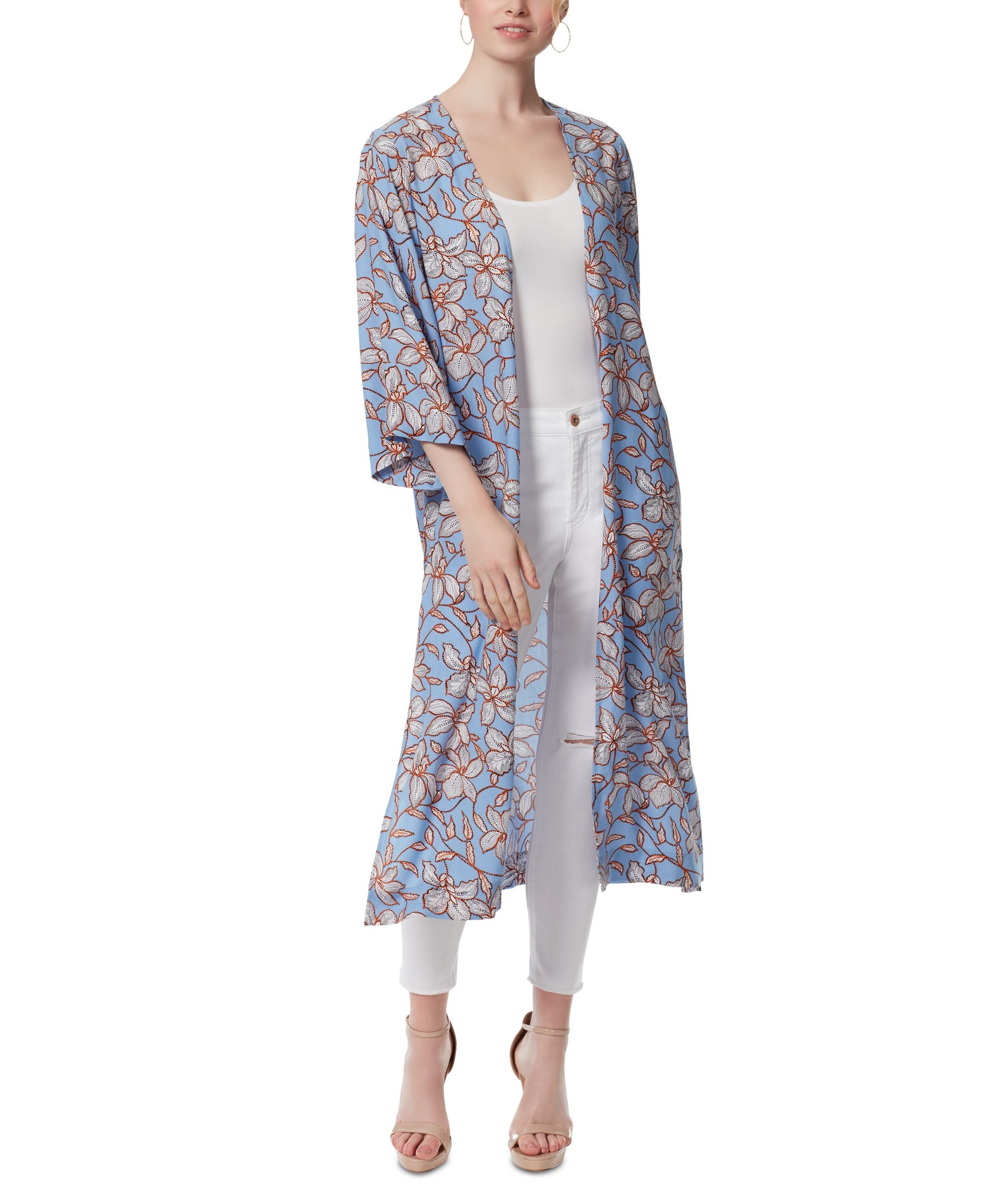 Jessica Simpson Womens Blakely Printed 3/4 Sleeve Duster Cardigan