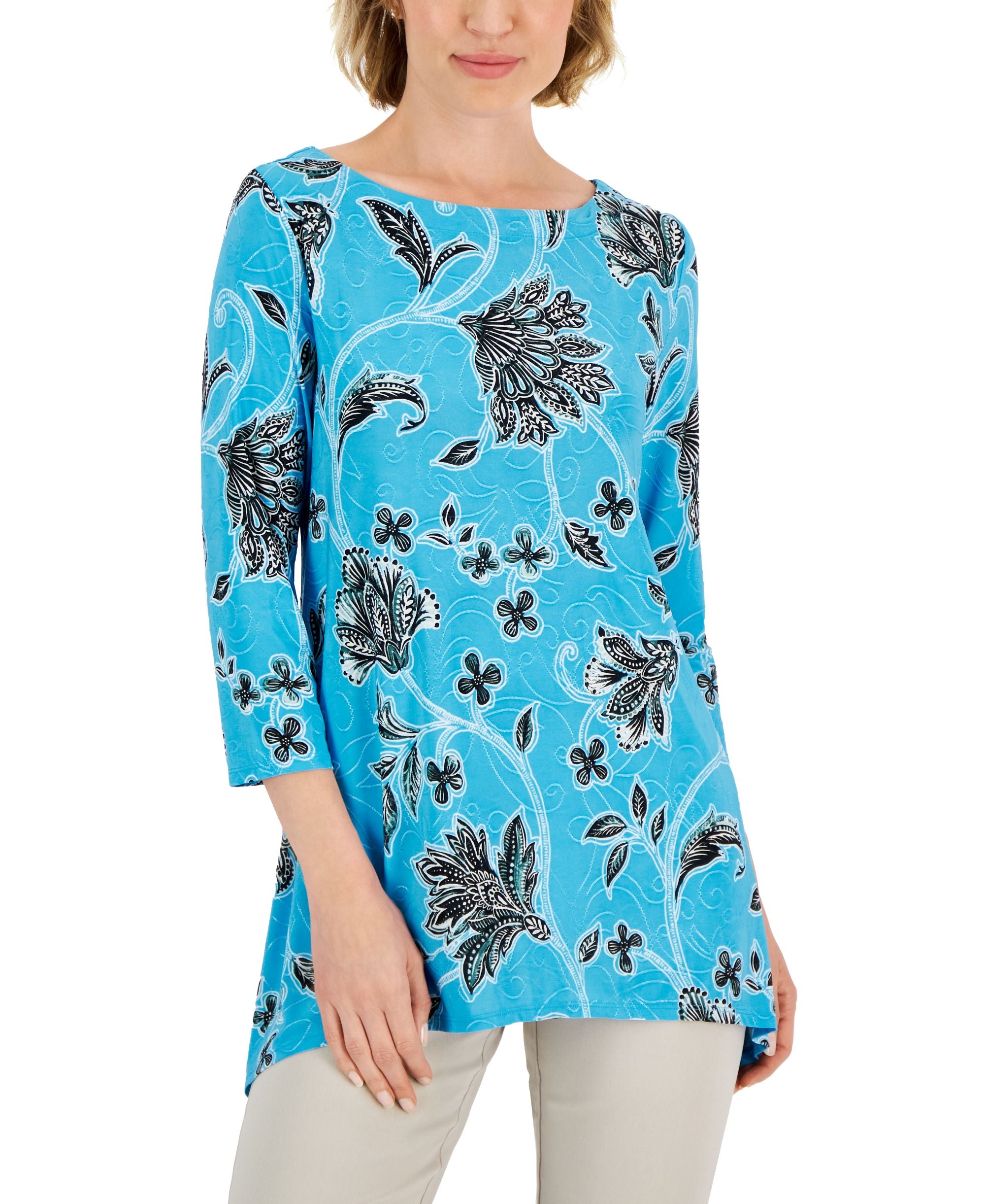 Petite Jacquard 3/4-Sleeve Beauty Flow Swing Top