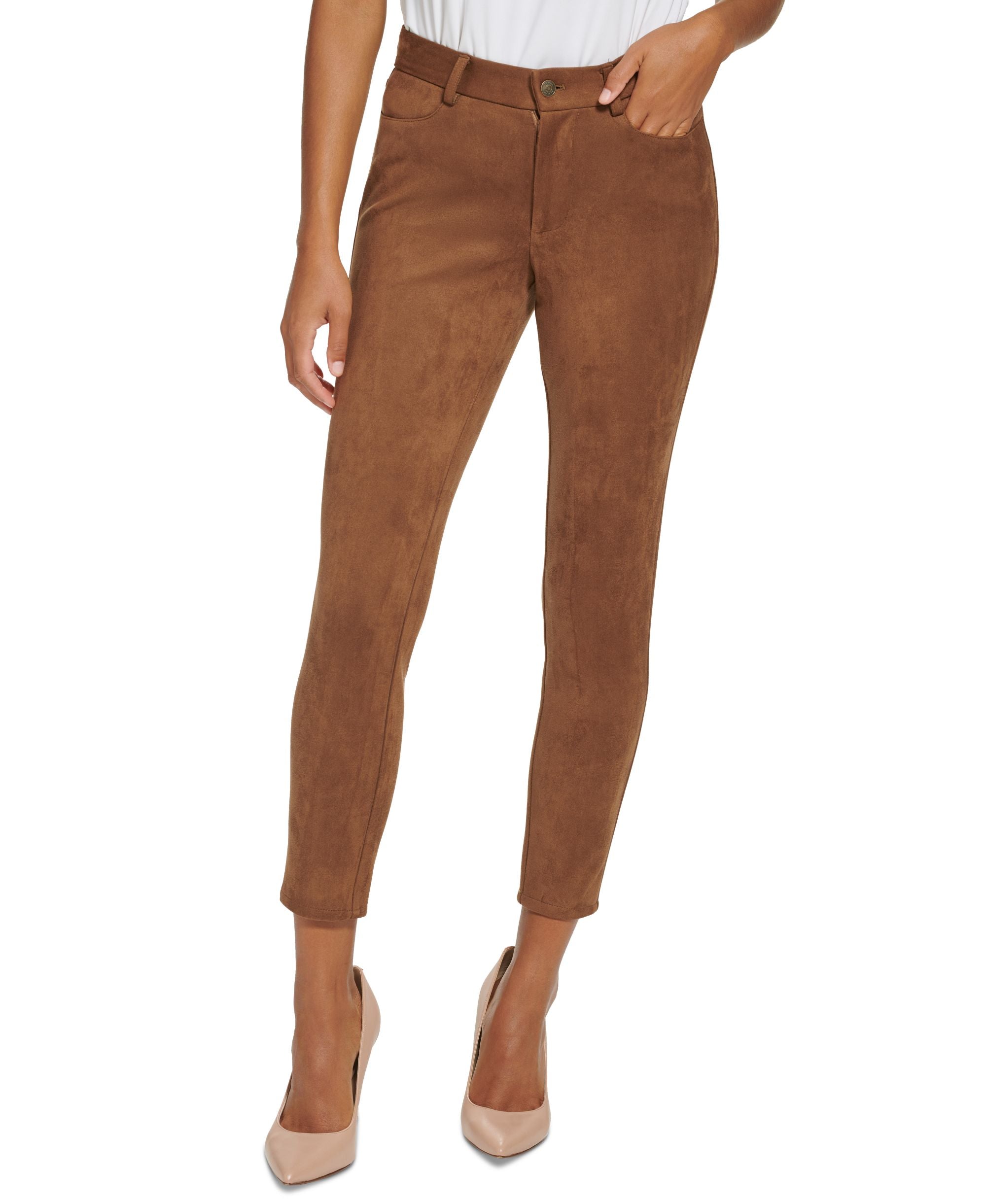 Faux Suede Mid Rise Skinny Ankle Pants