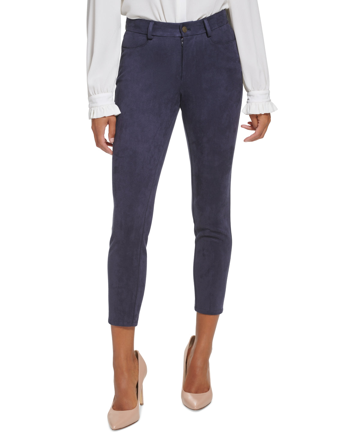 Faux Suede Mid Rise Skinny Ankle Pants