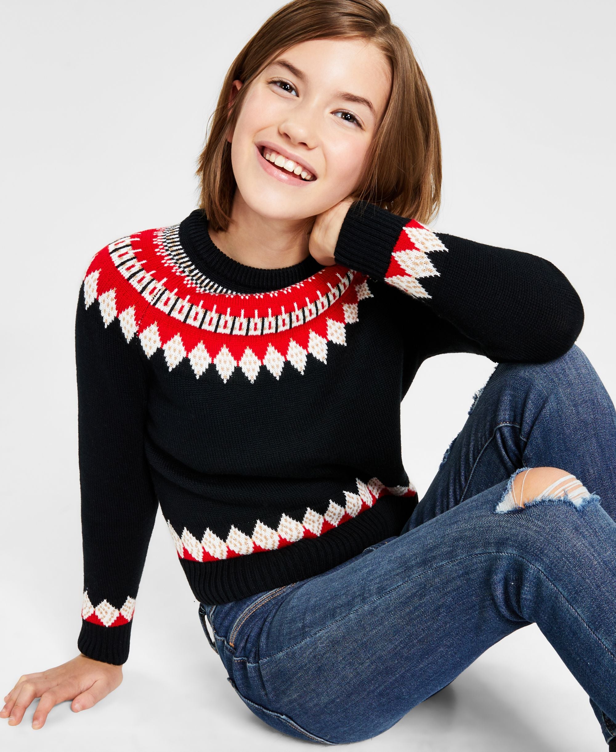 Big Girls Fair Isle Mock Neck Holiday Sweater