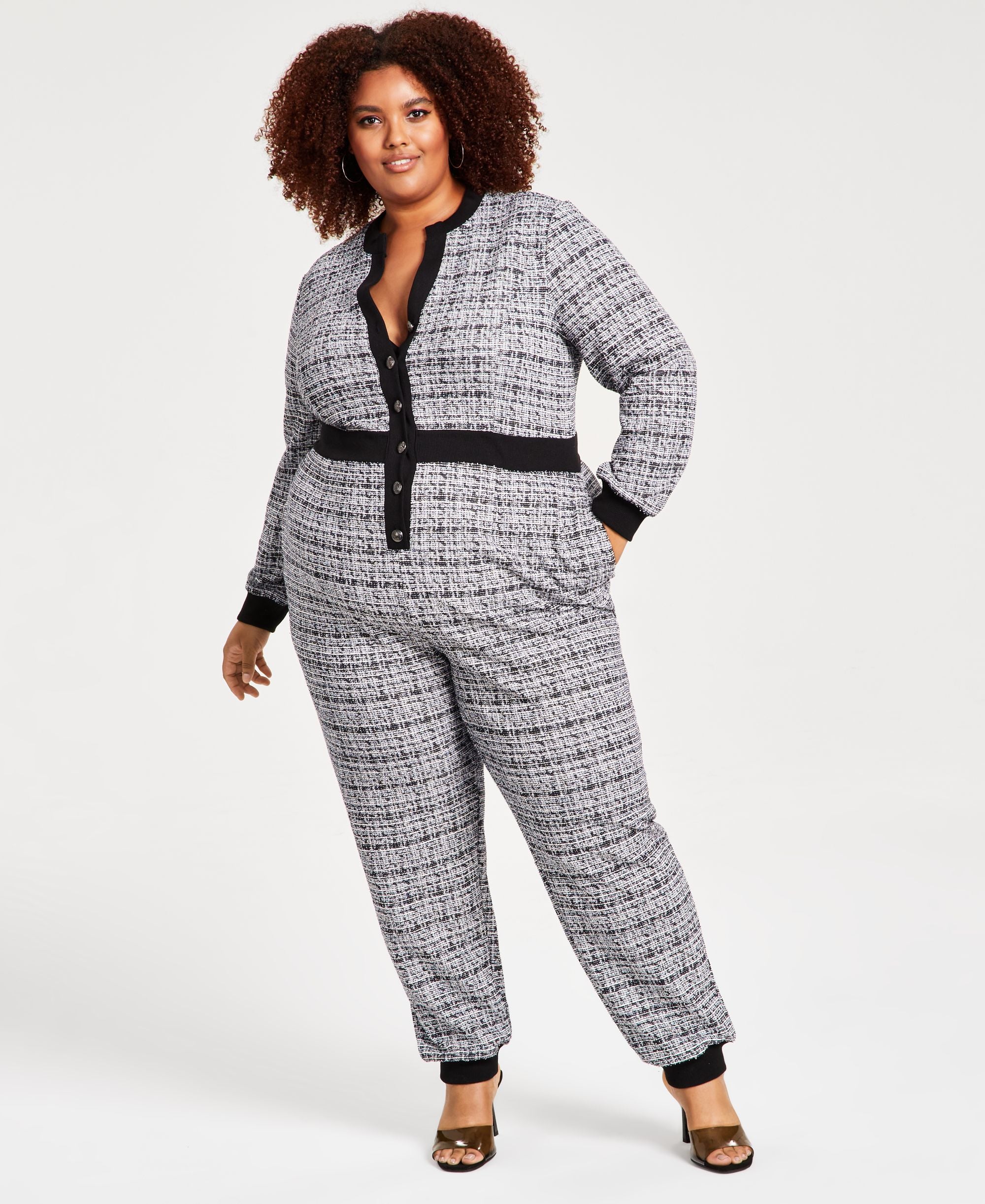Plus Size Tweed Contrast-Trim Button-Front Jumpsuit