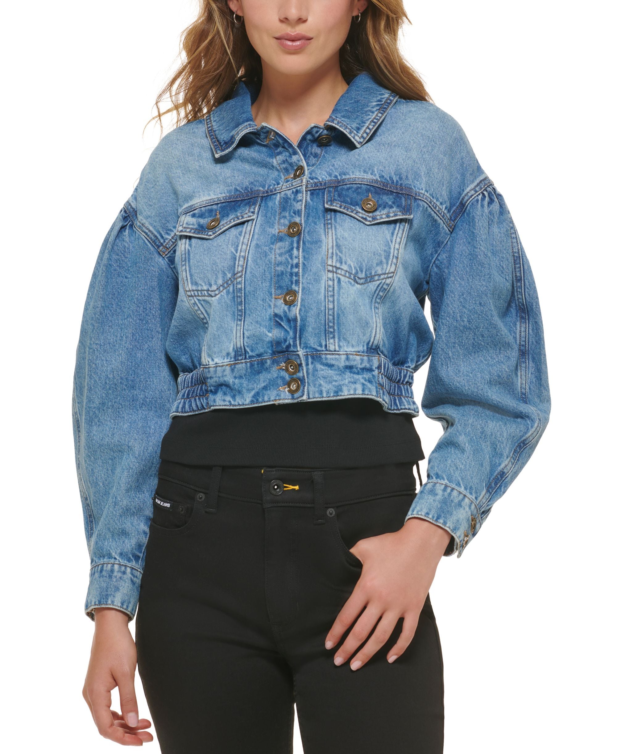 Women's Cotton Puff-Sleeve Cropped Denim Jacket