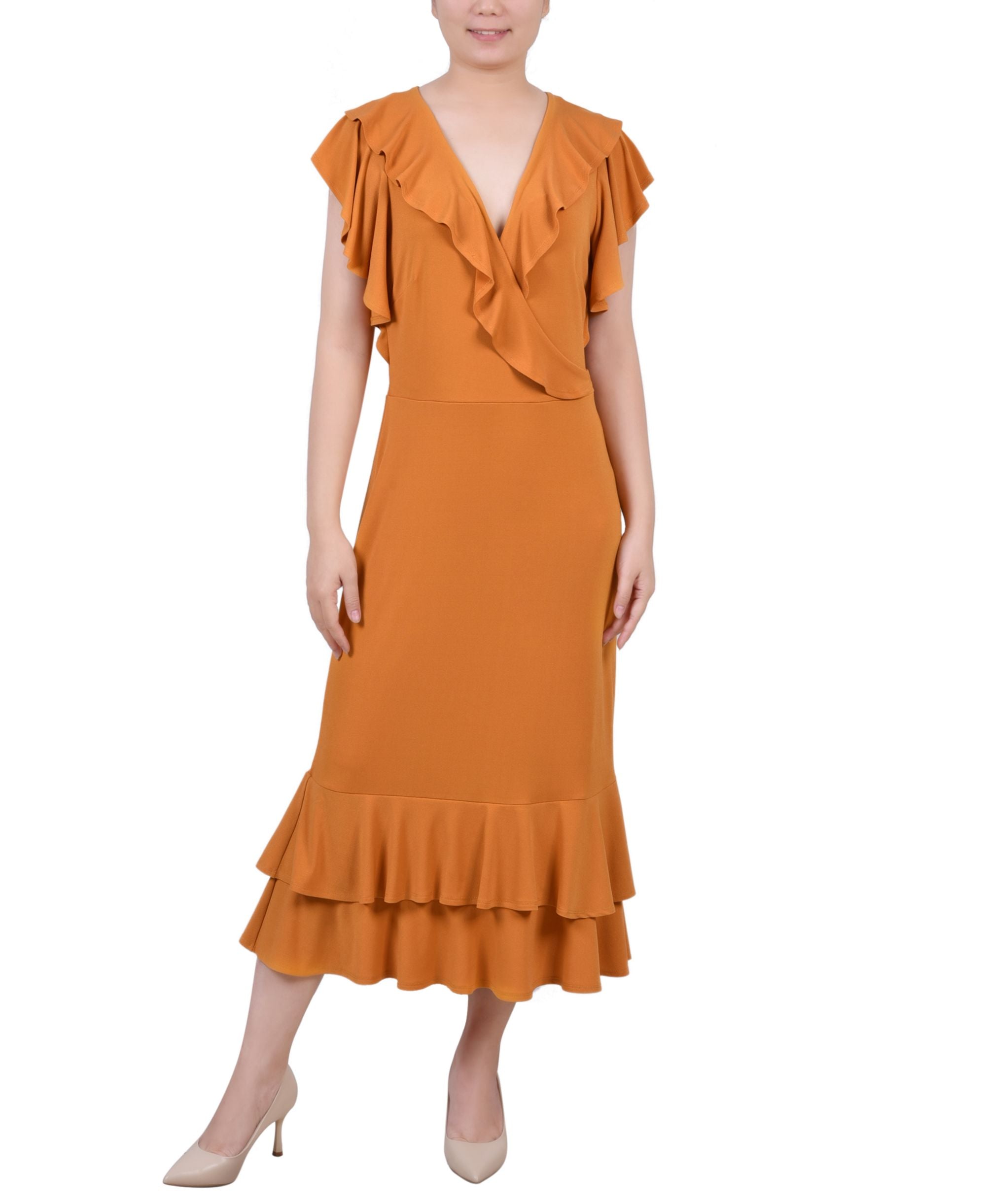 Petite Flutter Sleeve Ruffle Midi Dress