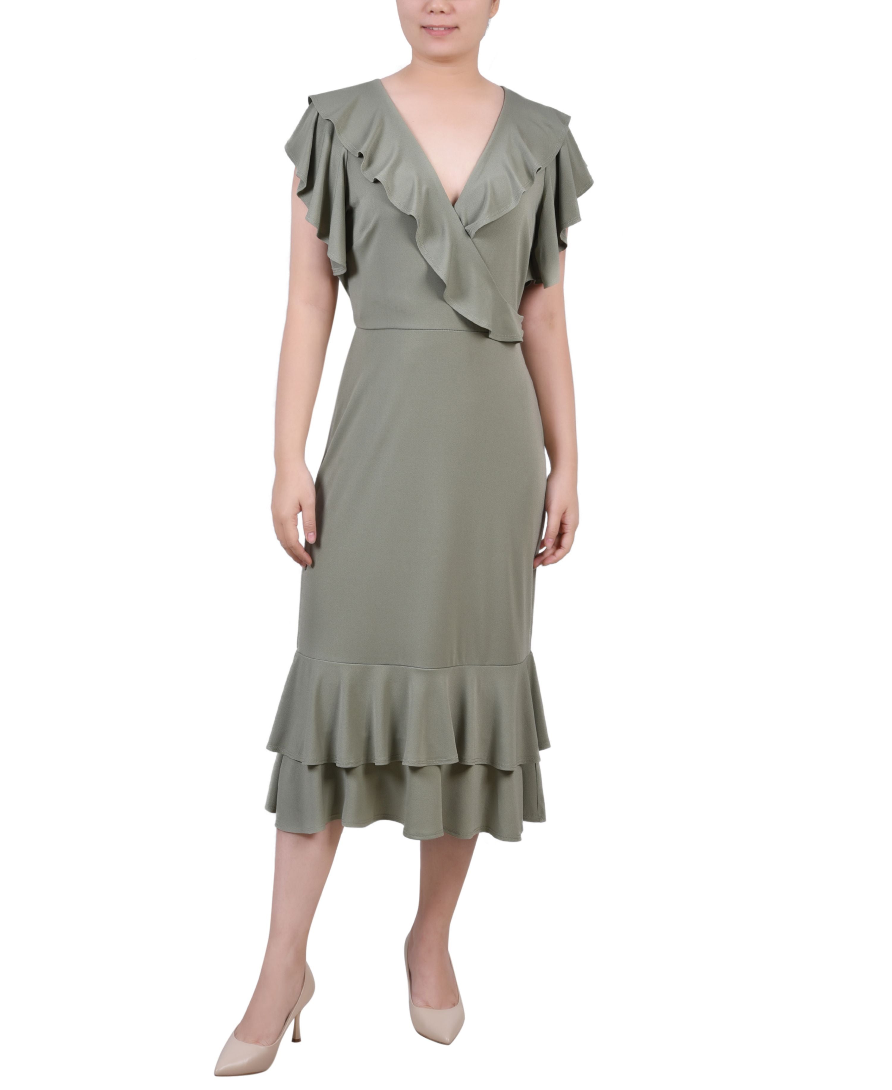 Petite Flutter Sleeve Ruffle Midi Dress