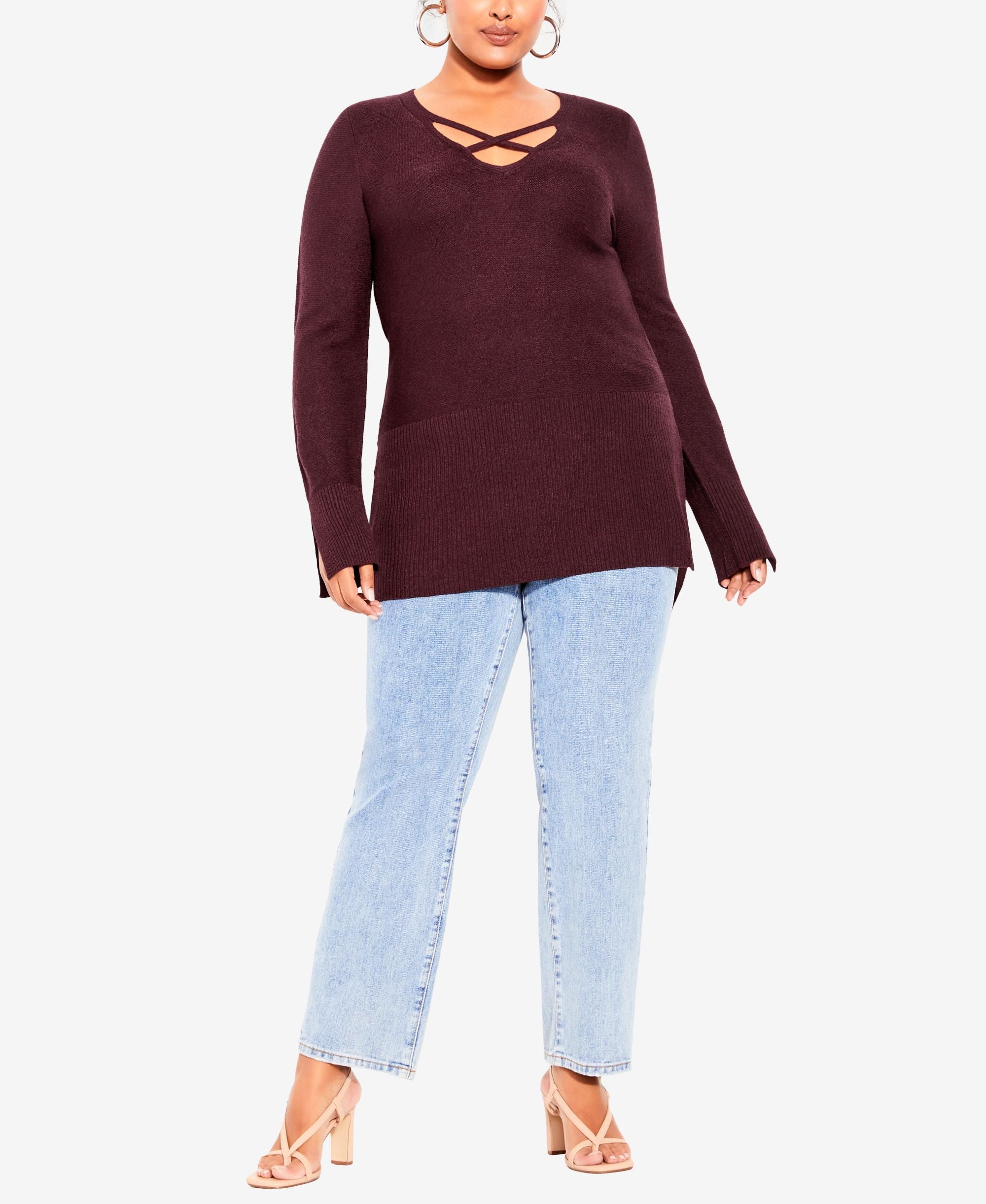 Plus Size Trendy Longline Cross Sweater